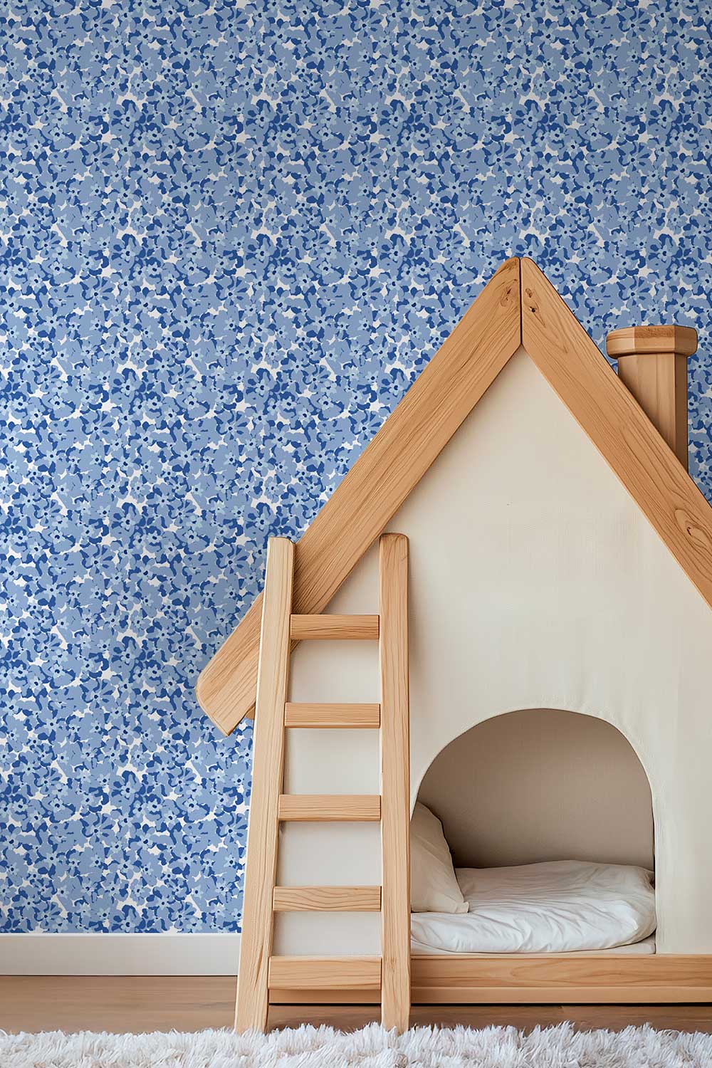 vintage inspired garden botanical flower wallpaper in bright blue printed on commercial grade water and stain resistant performance vinyl wall-covering, great for high traffic kid's bedrooms and playrooms