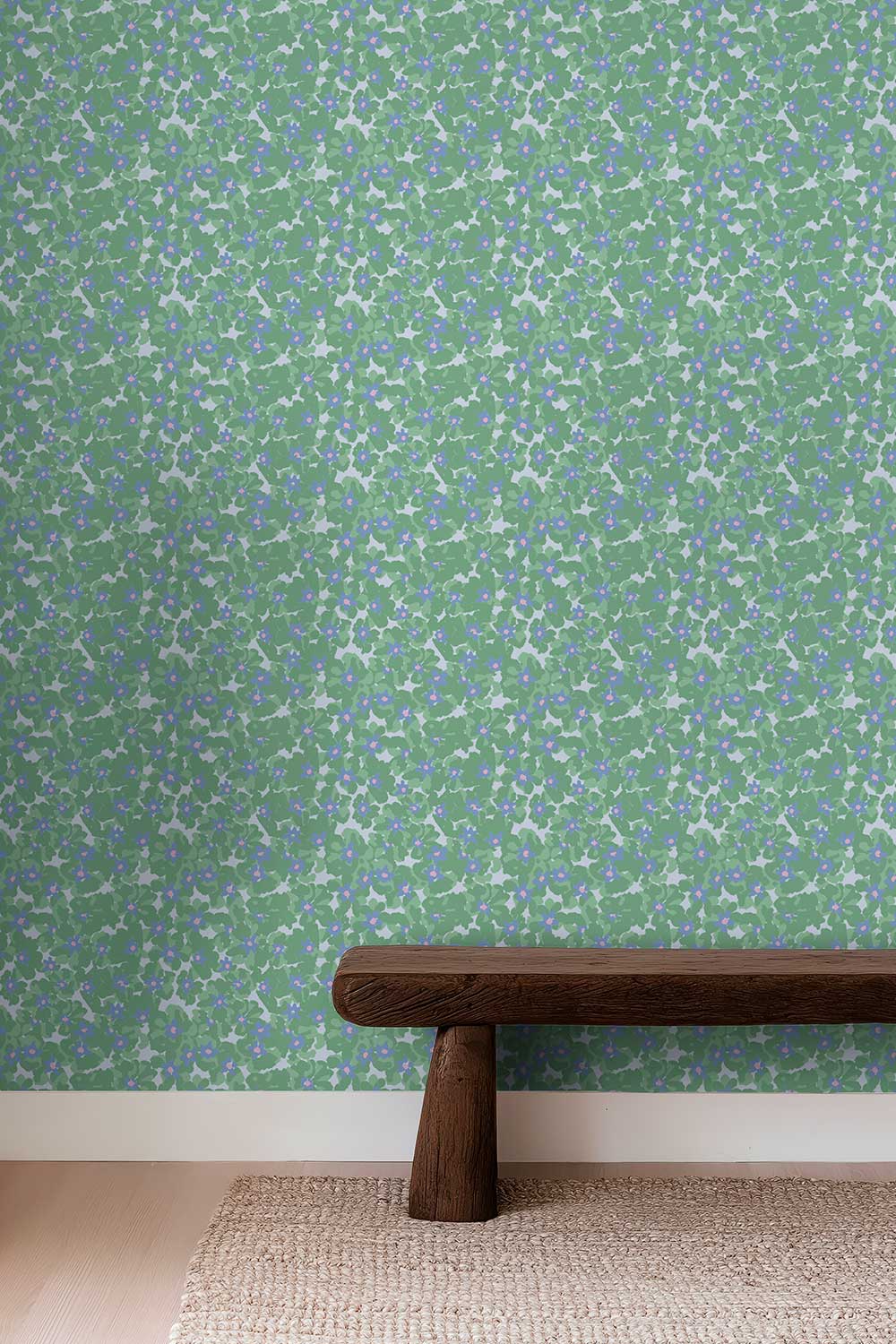 Petal Pusher garden botanical grass cloth wallpaper styled in a cheerful entryway with retro cottage charm
