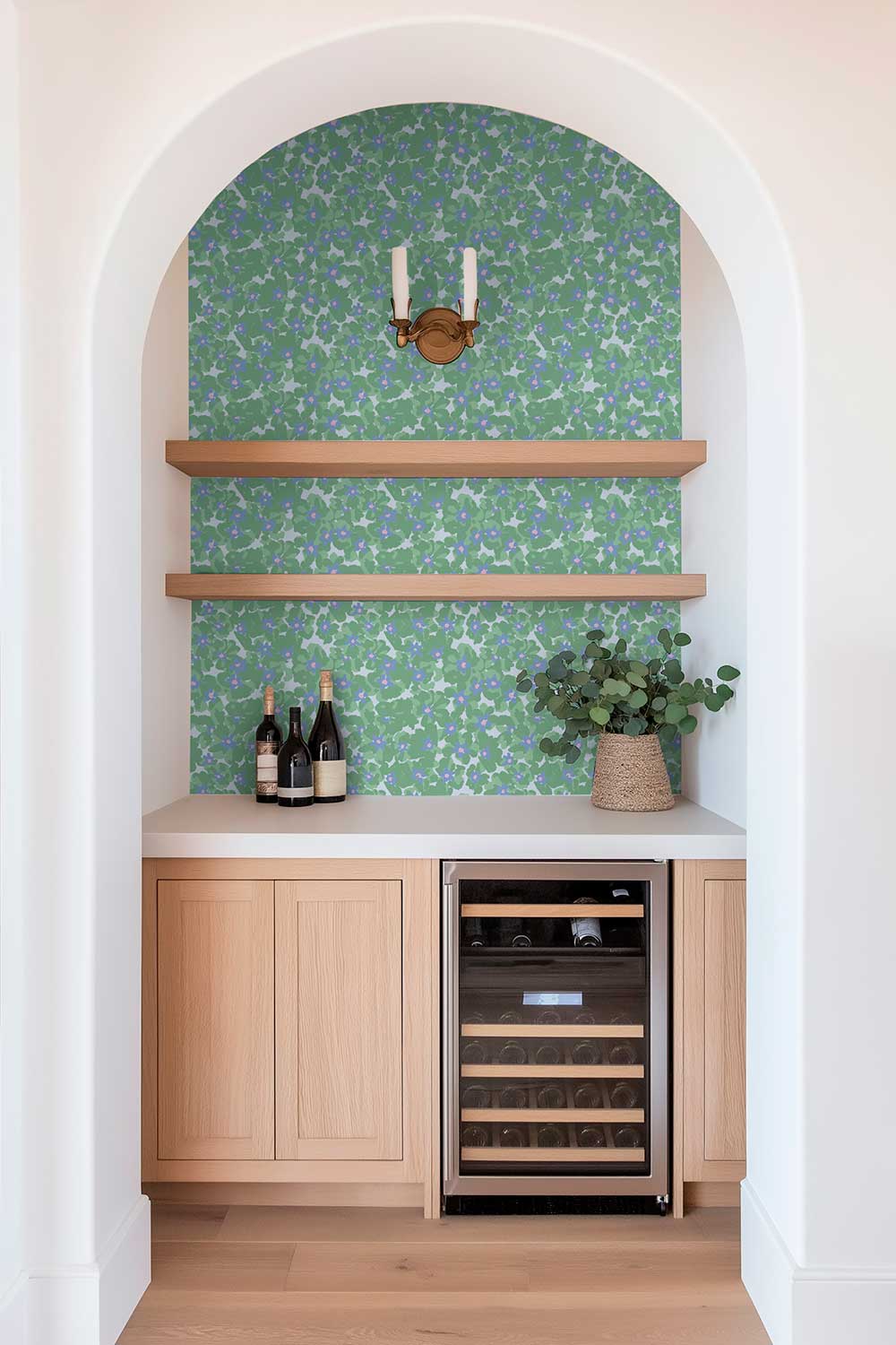 green garden botanical floral wallpaper printed on commercial grade water and stain resistant performance vinyl wall-covering, great for bathrooms, kitchens and commercial spaces.