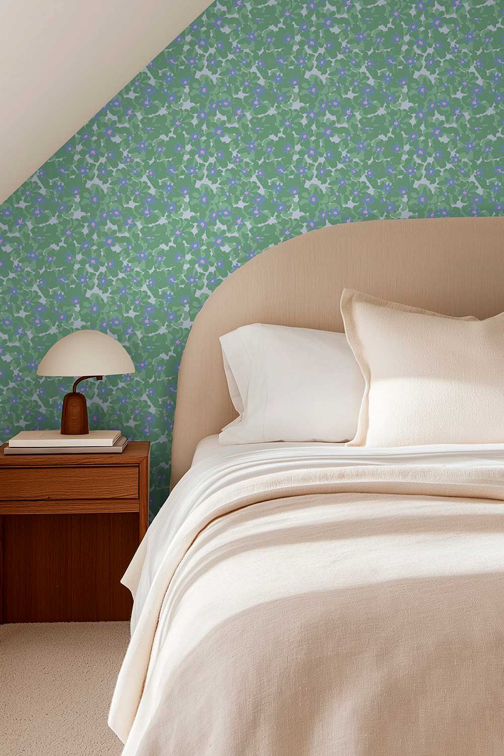 Petal Pusher garden green wallpaper in soft pastel tones for cozy guest bedrooms