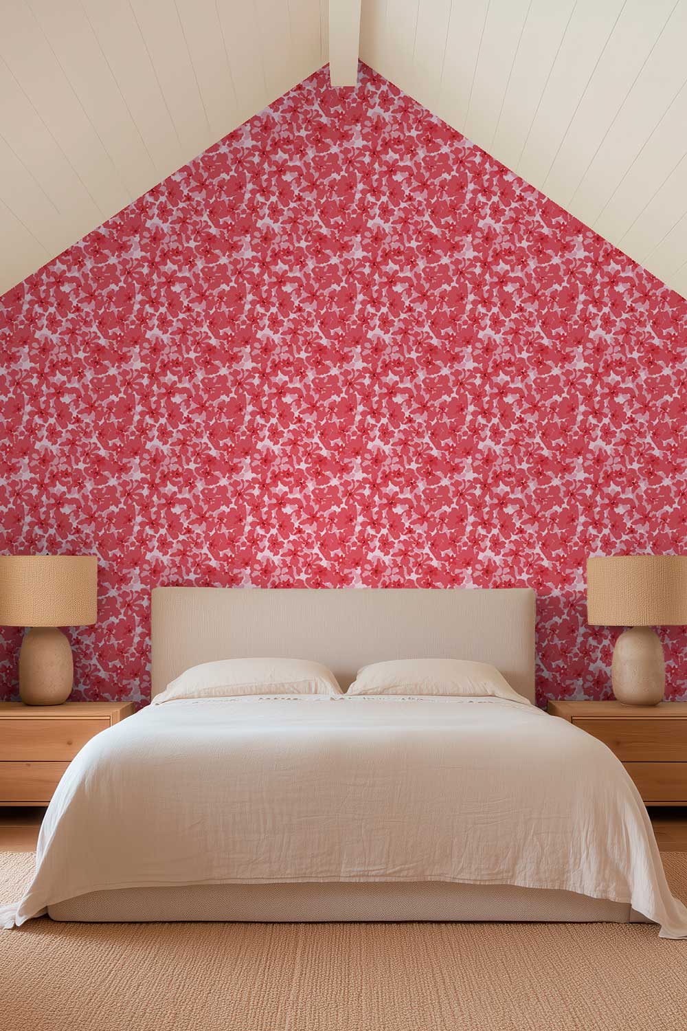 Botanical wallpaper with all-over floral blooms for a sweet feminine look in master bedrooms printed on eco-friendly grass cloth wall-covering