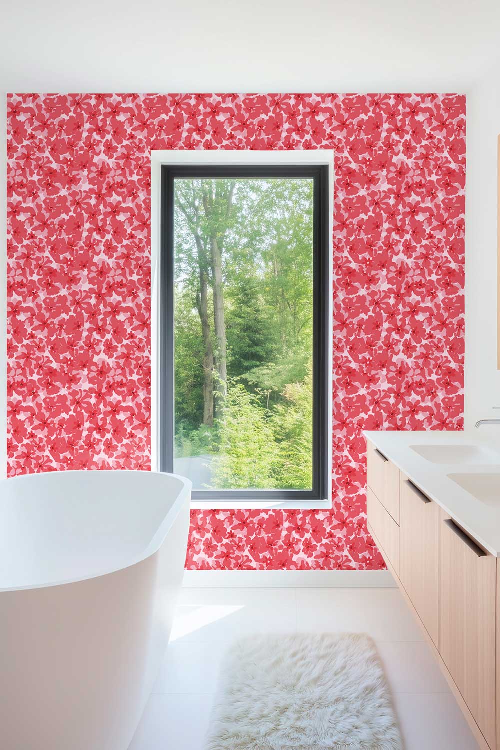 vintage inspired bold red botanical flower wallpaper printed on commercial grade water and stain resistant performance vinyl wall-covering, great for bathrooms, kitchens and commercial spaces.