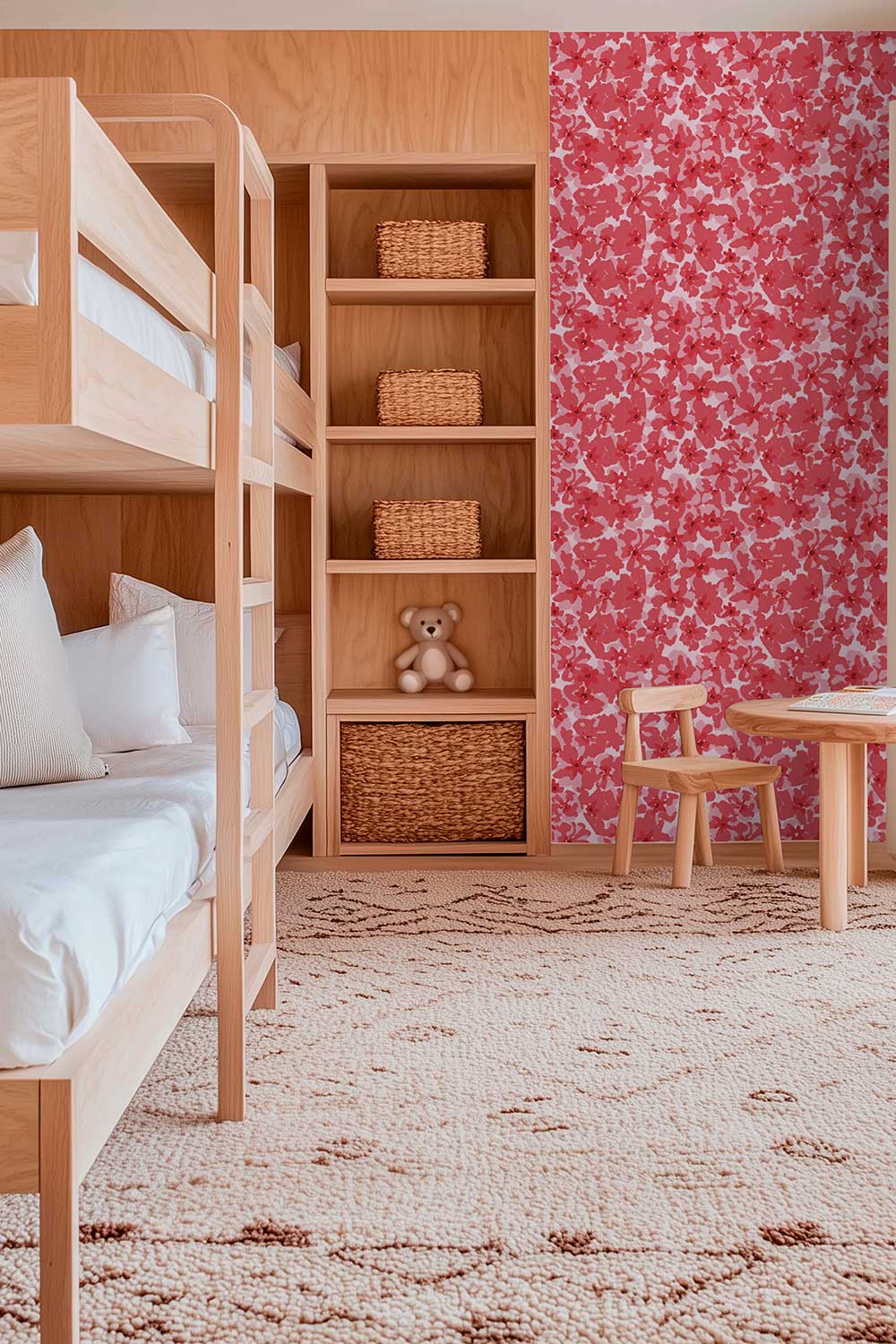 playful bright red botanical garden printed wallpaper for kids rooms