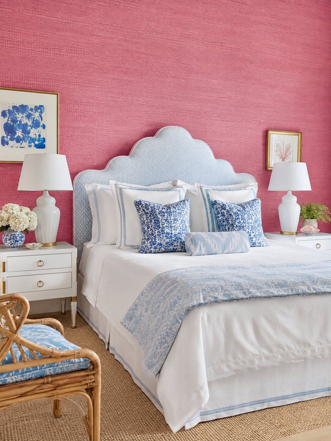 Soft pink woven sisal grasscloth wallpaper texture, traditional bedroom with chinoiserie design accents
