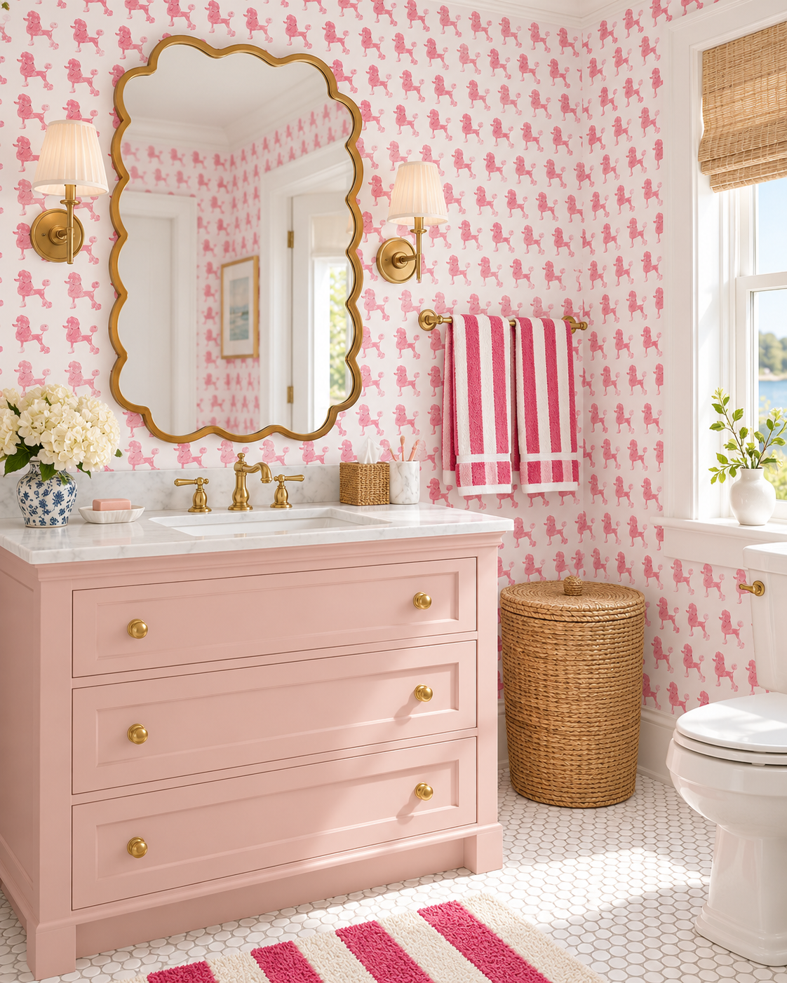 Textured performance vinyl wallpaper featuring watercolor poodles arranged in a playful stamped pattern; ideal for bathrooms, mudrooms, and commercial spaces.