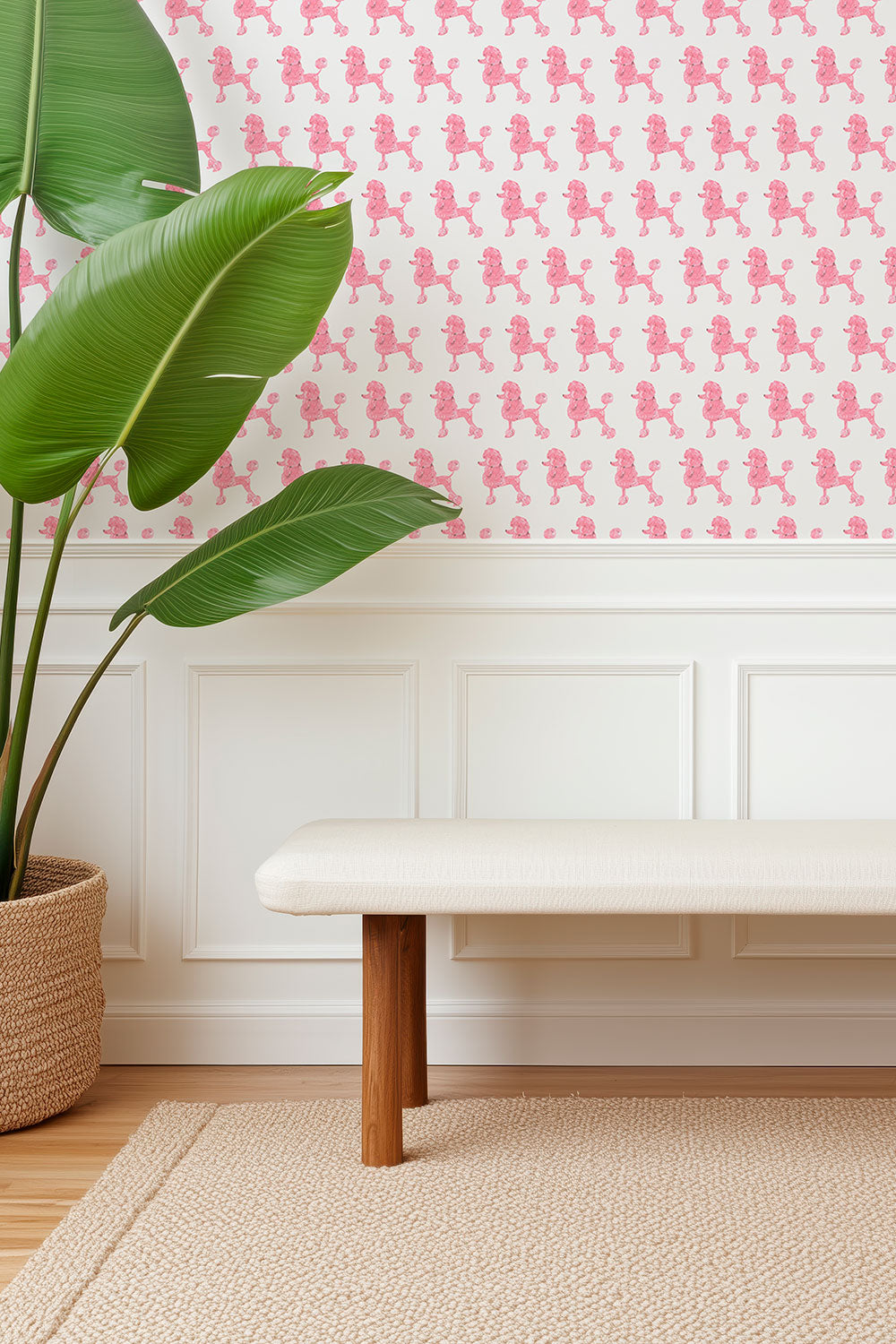 Watercolor poodle wallpaper in a vintage sponge-paint inspired pattern, shown in lavender, black, and pink colorways great for fun entryways