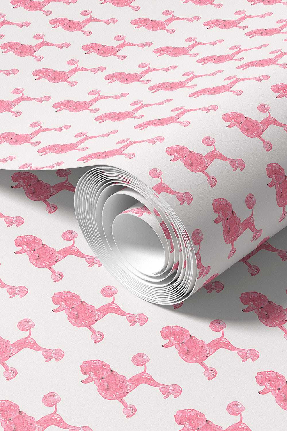vinyl poodle wallpaper, commercial dog wallpaper, washable dog wallcovering, textured vinyl wallpaper, moisture resistant wallpaper, playful bathroom wallpaper, stamped poodle pattern, kids vinyl wallpaper
