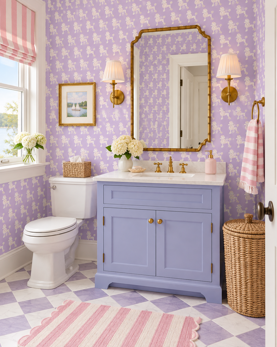 Textured performance vinyl wallpaper featuring watercolor poodles arranged in a playful stamped pattern; ideal for bathrooms, mudrooms, and commercial spaces.