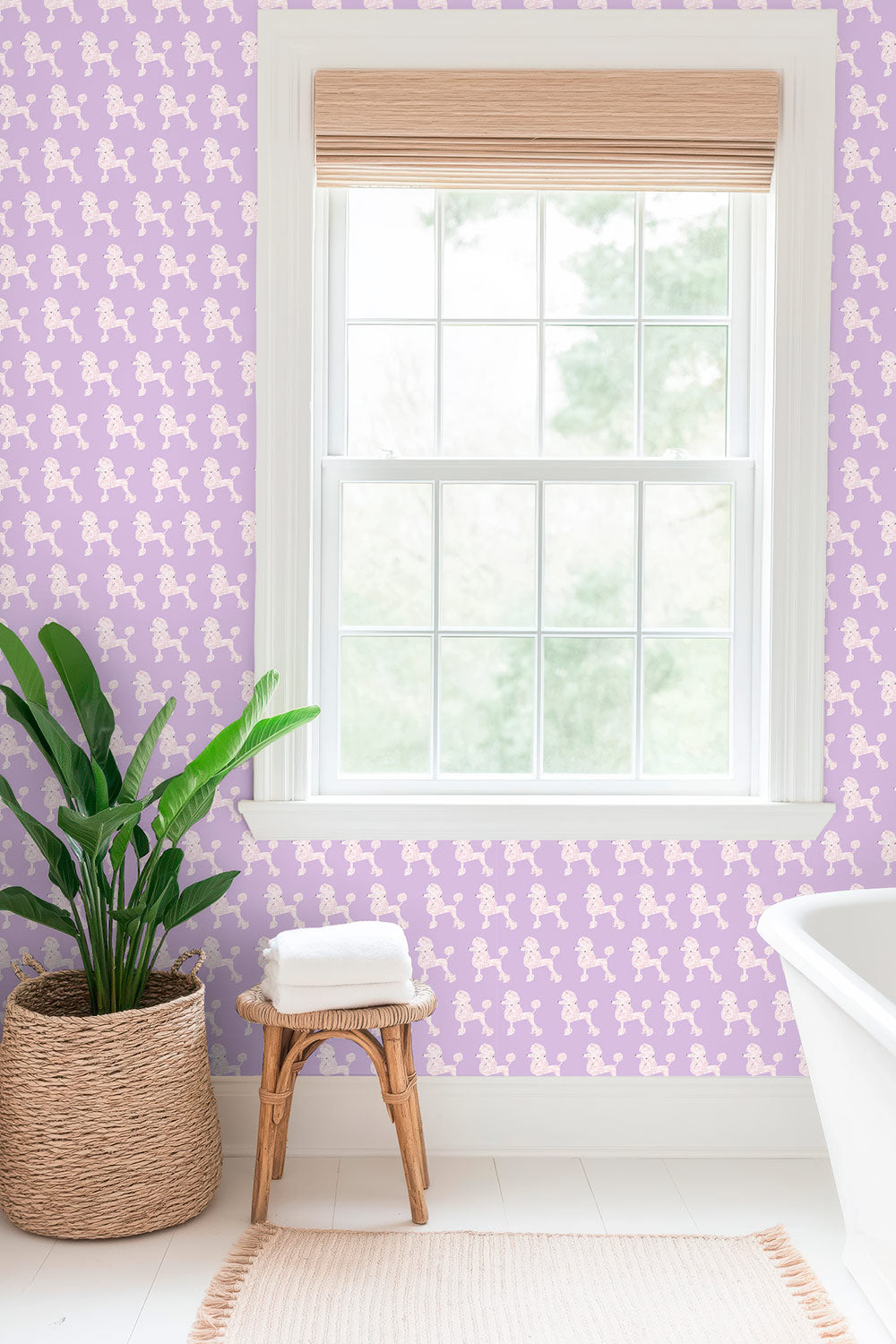 Textured performance vinyl wallpaper featuring watercolor poodles arranged in a playful stamped pattern; ideal for bathrooms, mudrooms, and commercial spaces.