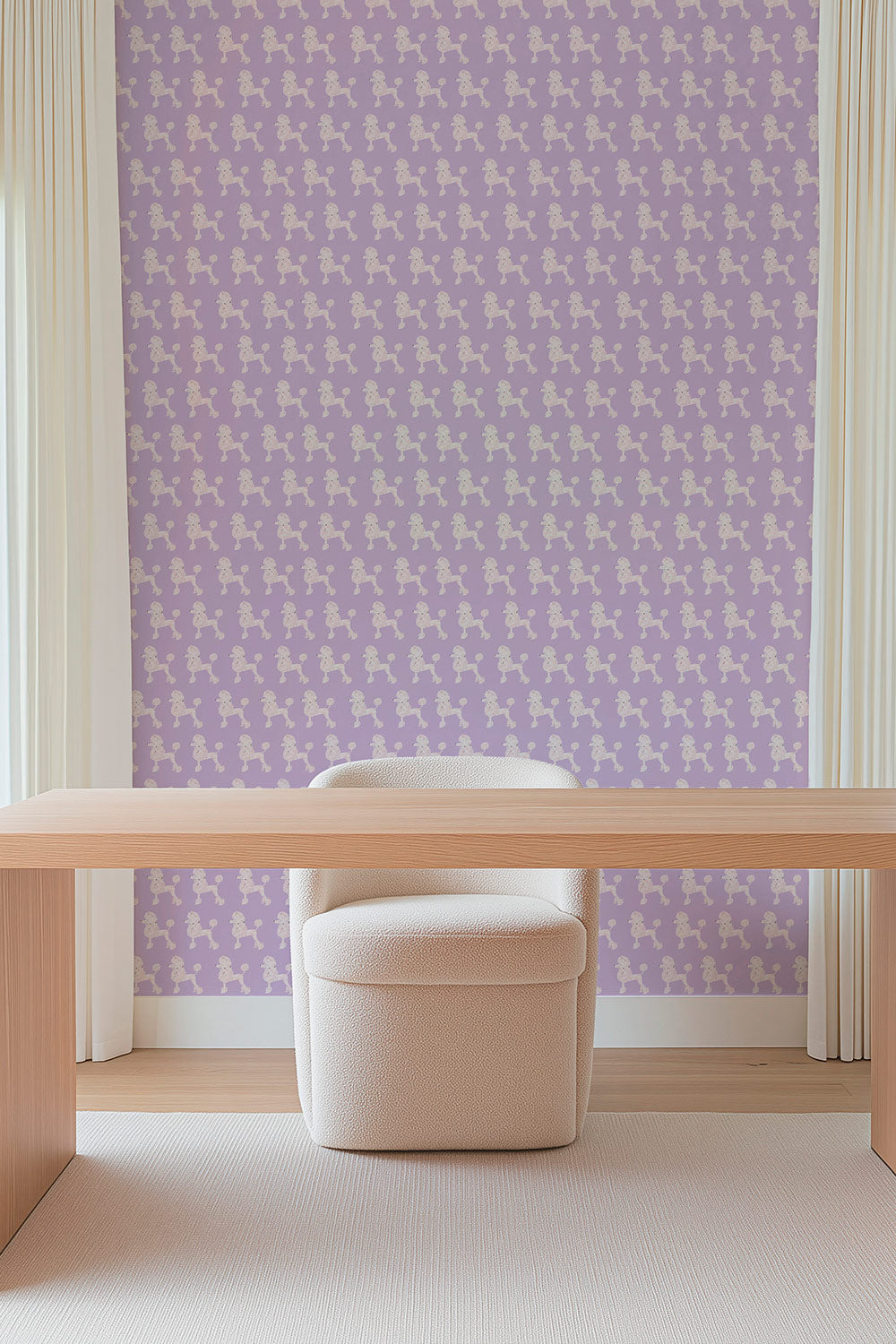Watercolor poodle wallpaper in a vintage sponge-paint inspired pattern, shown in lavender, black, and pink colorways. perfect for feminine home offices