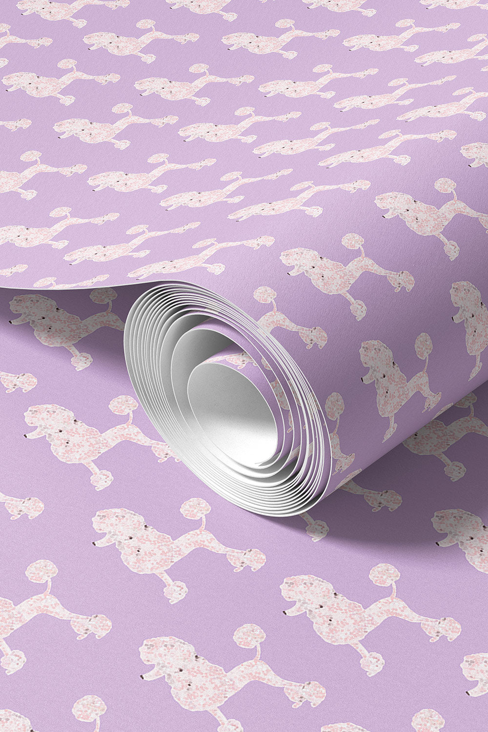 vinyl poodle wallpaper, commercial dog wallpaper, washable dog wallcovering, textured vinyl wallpaper, moisture resistant wallpaper, playful bathroom wallpaper, stamped poodle pattern, kids vinyl wallpaper