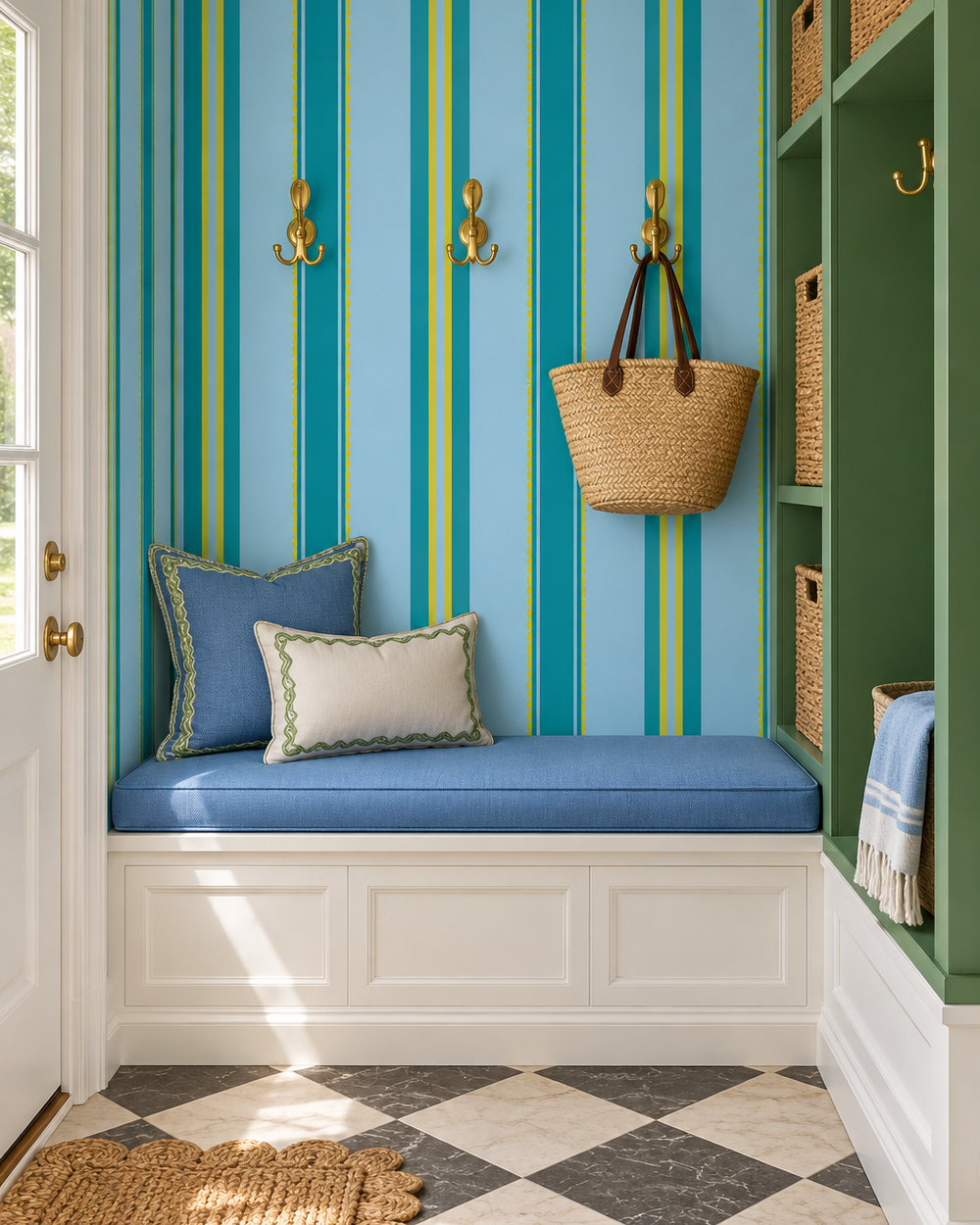 bold modern ribbon striped wallpaper in greens and blues in traditional mud room entryway