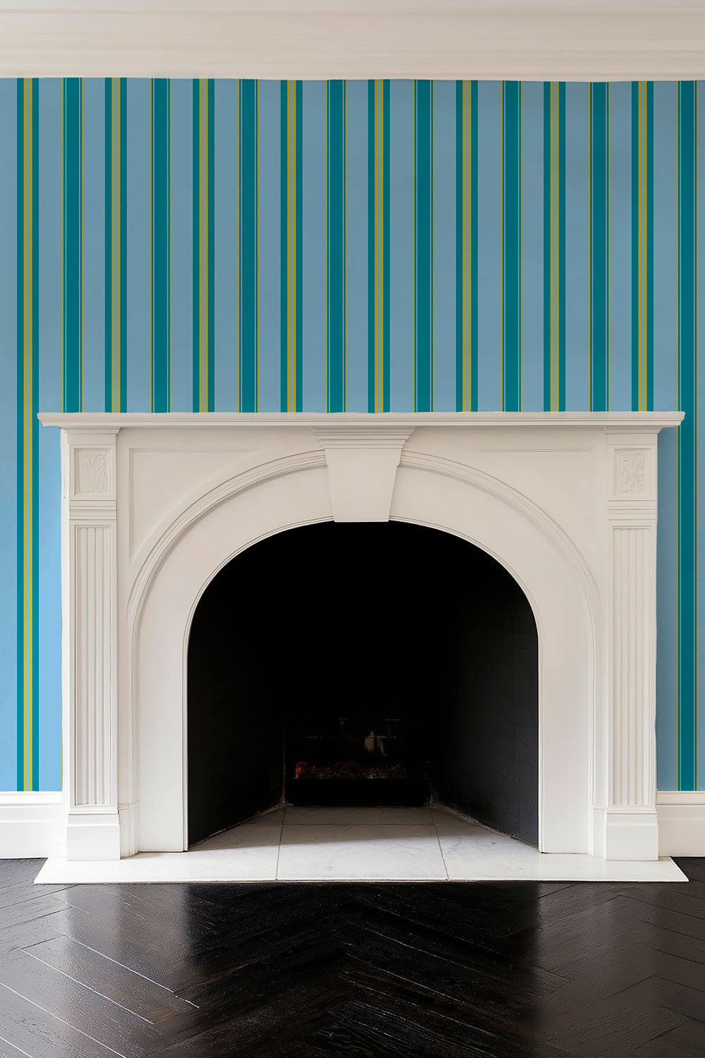 bold modern ribbon striped wallpaper in greens and blues in new construction home over fireplace