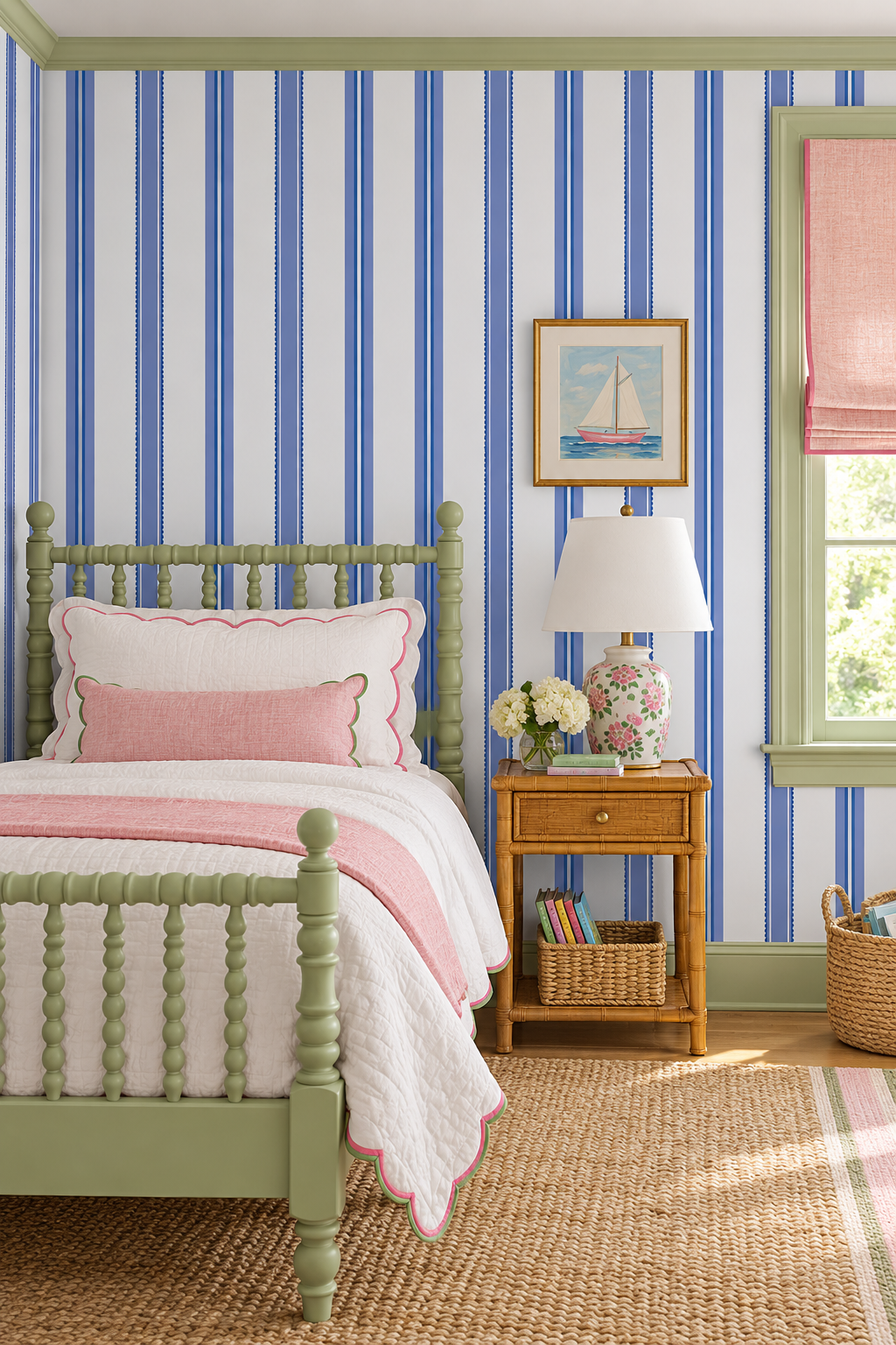 Ribbon Scallop Stripe wallpaper with feminine scalloped stripes in modern blue tones perfect for girls bedrooms in luxury traditional homes
