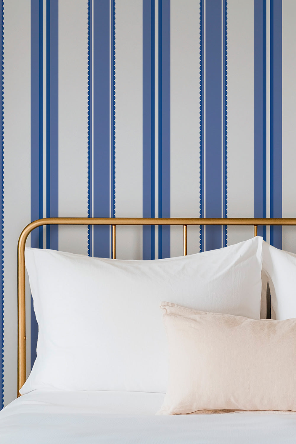 Ribbon Scallop Stripe wallpaper with feminine scalloped stripes in modern blue tones perfect for girls bedrooms in luxury new construction homes