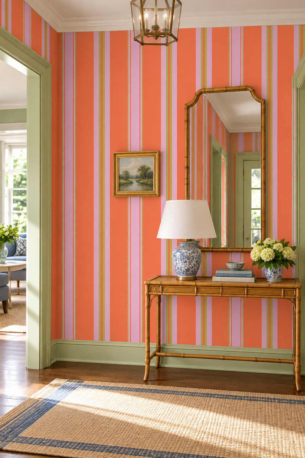 traditional wallpaper in bold red and pink stripes perfect for bold traditional home entrances
