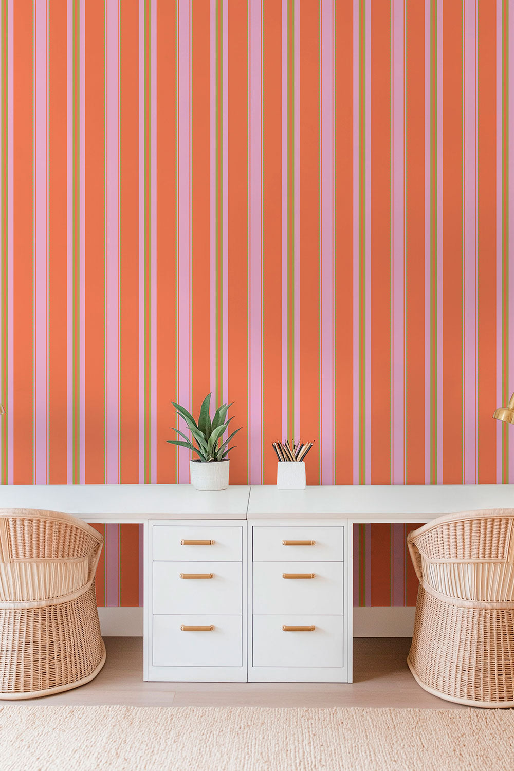 high-end home office for interior designers with a bold red and pink multi-stripe perfect for zoom backgrounds that make an impact
