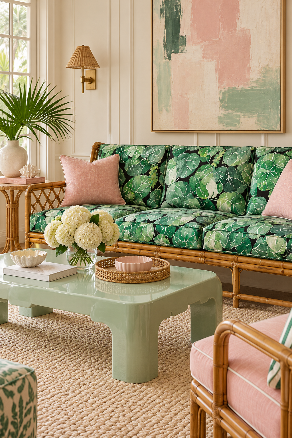 Coastal botanical upholstery fabric with oversized hand-painted sea grape leaves in layered watercolor greens on a light black base featured in this coastal sunroom as the cushions to this vintage rattan couch
