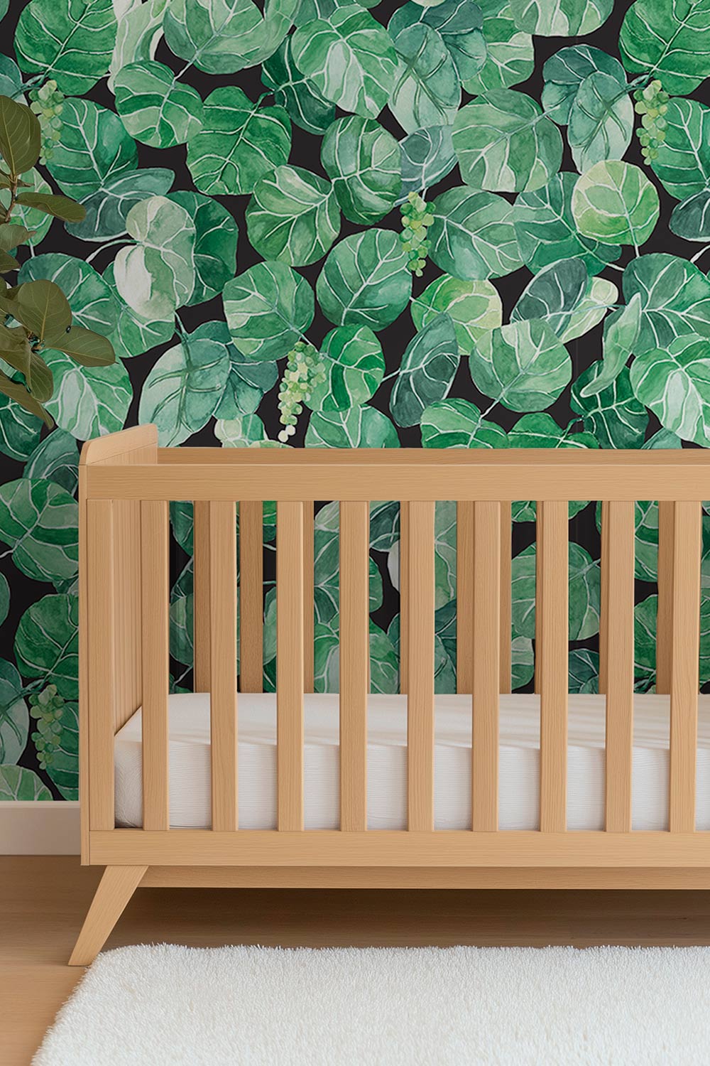Watercolor seagrape leaf wallpaper featuring layered green botanicals and grape clusters, inspired by Miami coastal foliage perfect for tropical gender neutral nurserys