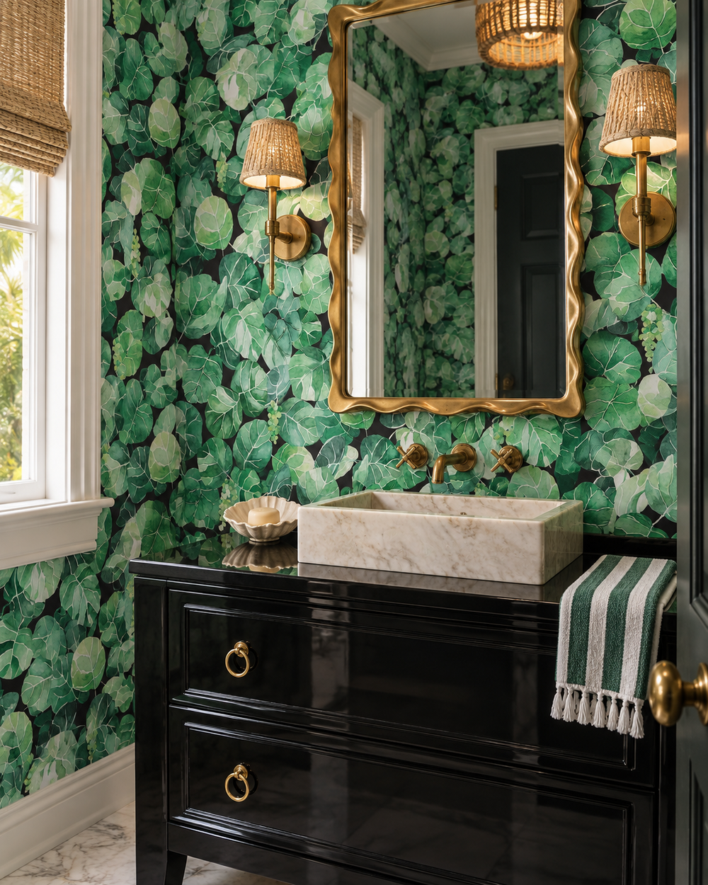 Durable performance vinyl wallpaper featuring watercolor seagrape leaves and green botanical clusters, ideal for coastal rentals, bathrooms, and high-use spaces.