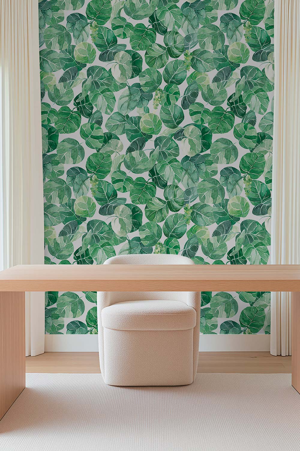 Watercolor seagrape leaf wallpaper featuring layered green botanicals and grape clusters, inspired by Miami coastal foliage perfect for high-end home offices