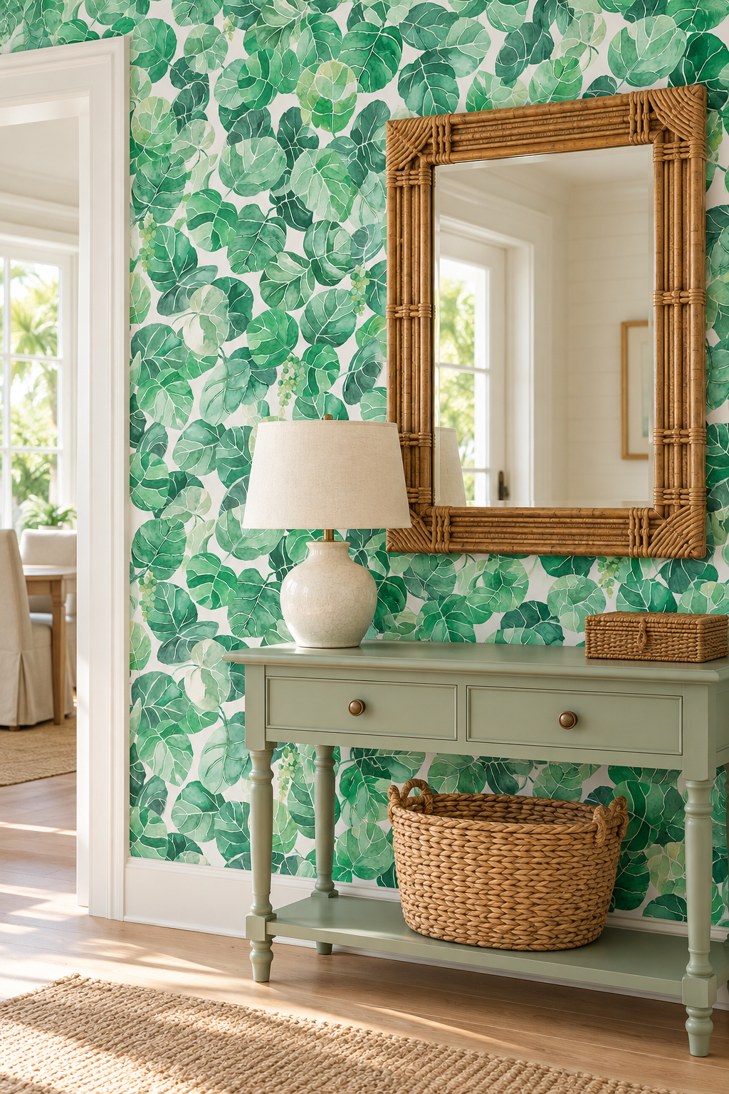 Hand-painted watercolor seagrape leaves printed on natural woven grasscloth, featuring layered green foliage and soft fruit clusters in a coastal botanical style perfect for luxury beach house foyer