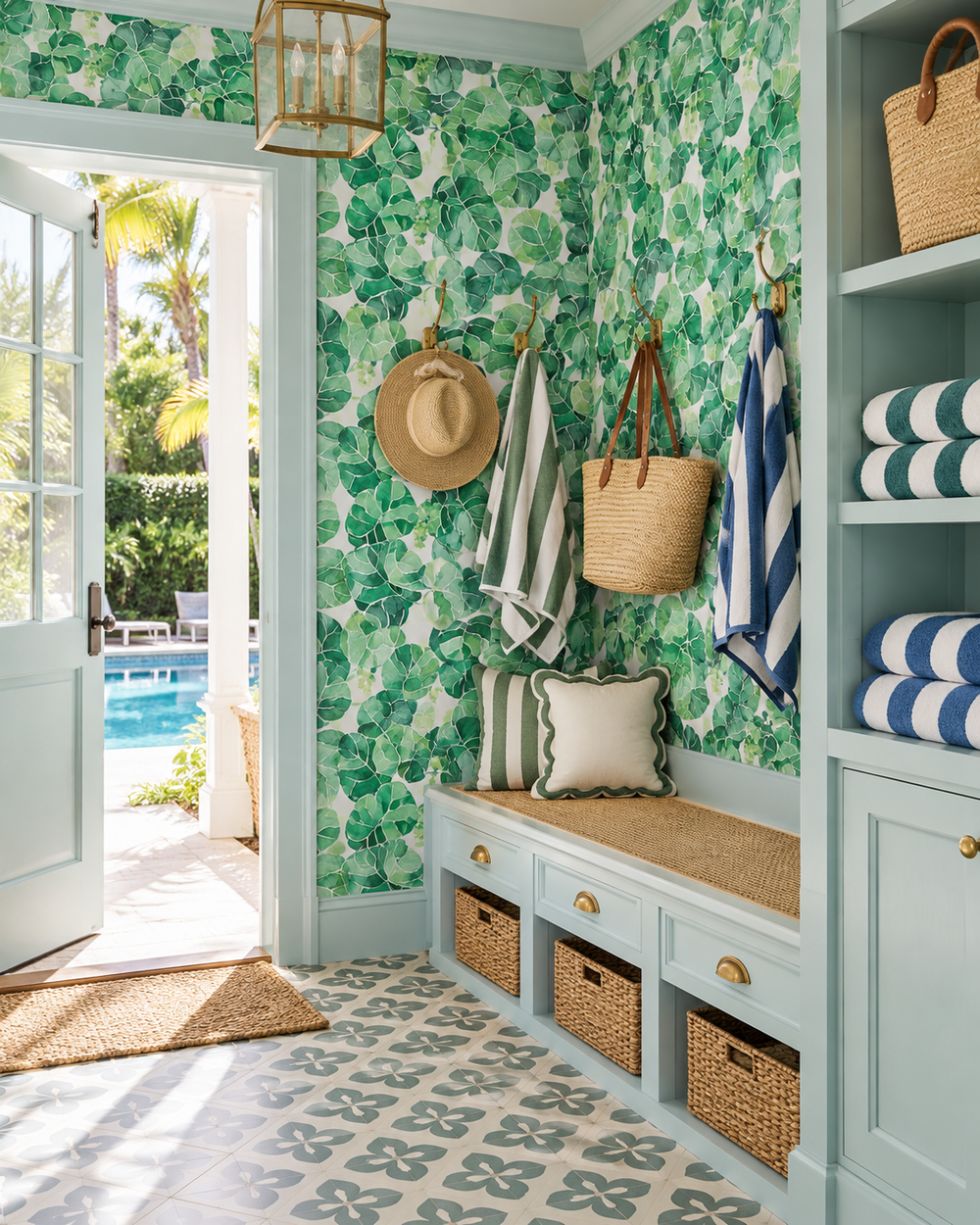Durable performance vinyl wallpaper featuring watercolor seagrape leaves and green botanical clusters, ideal for coastal rentals, bathrooms, and high-use spaces.