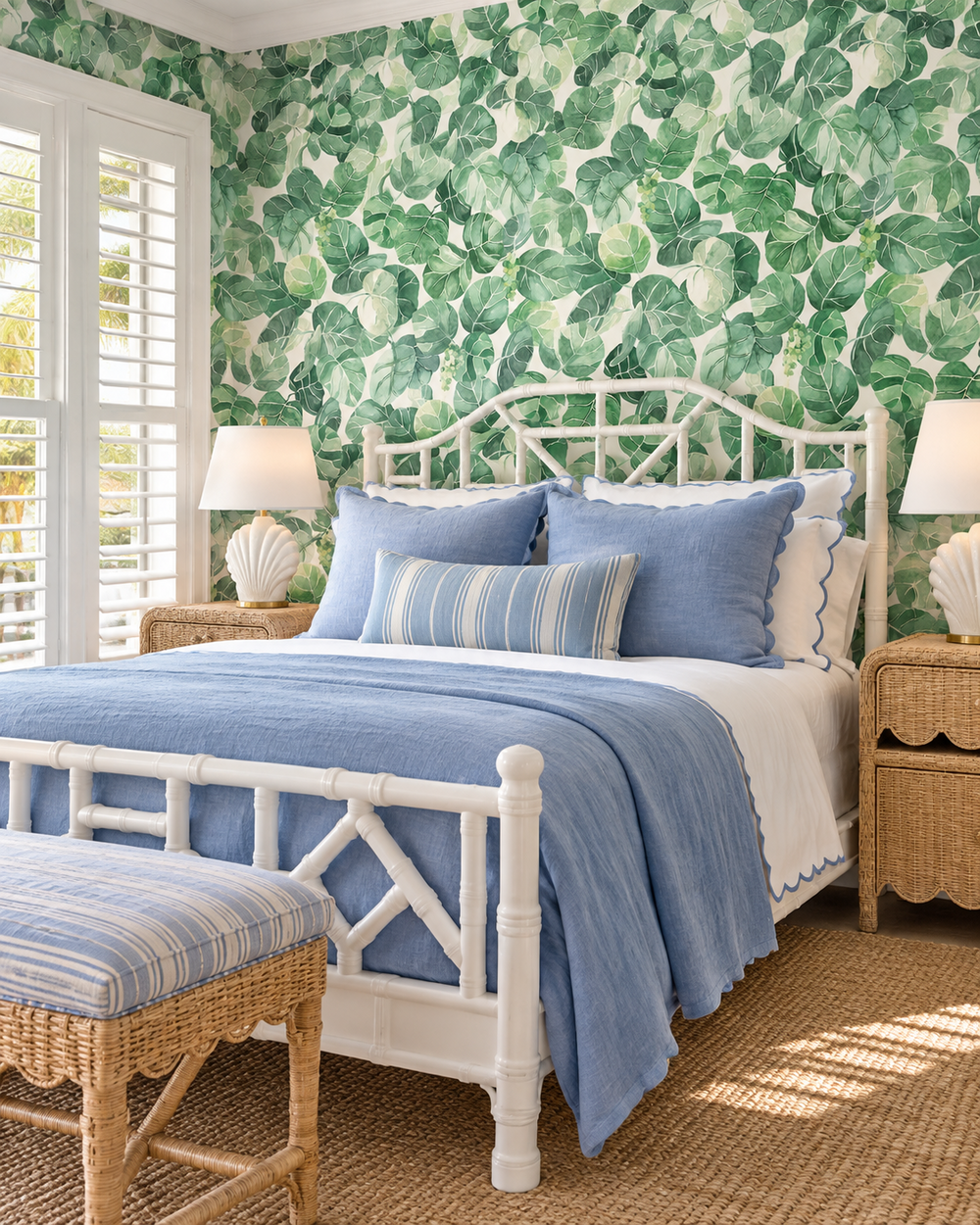 Watercolor seagrape leaf wallpaper featuring layered green botanicals and grape clusters, inspired by Miami coastal foliage perfect for high-end home offices