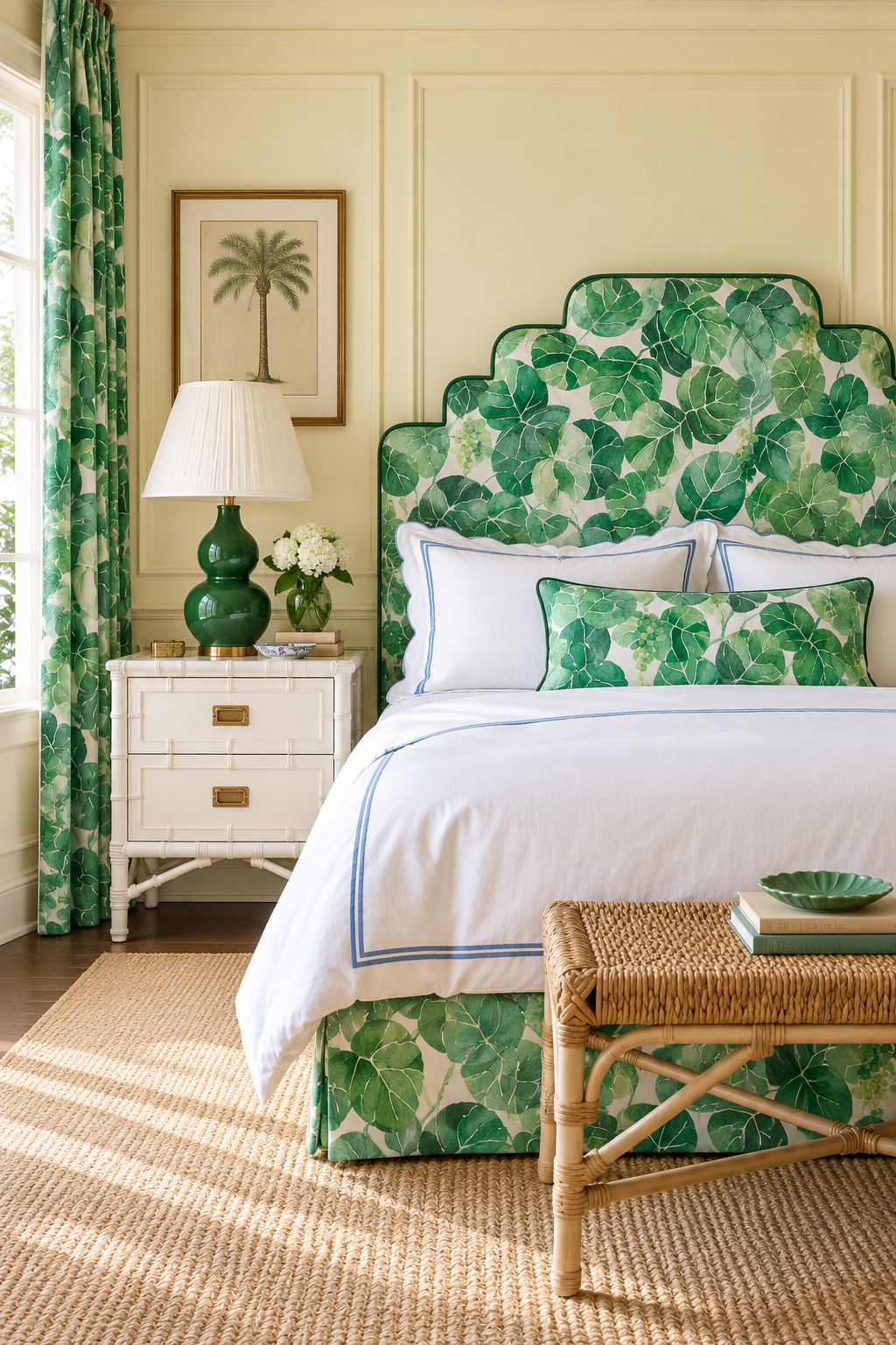 Coastal botanical upholstery fabric with oversized hand-painted sea grape leaves in layered watercolor greens on a light white base featured in this luxury guest bedroom as the custom fabric headboard, bed skirt and window drapery