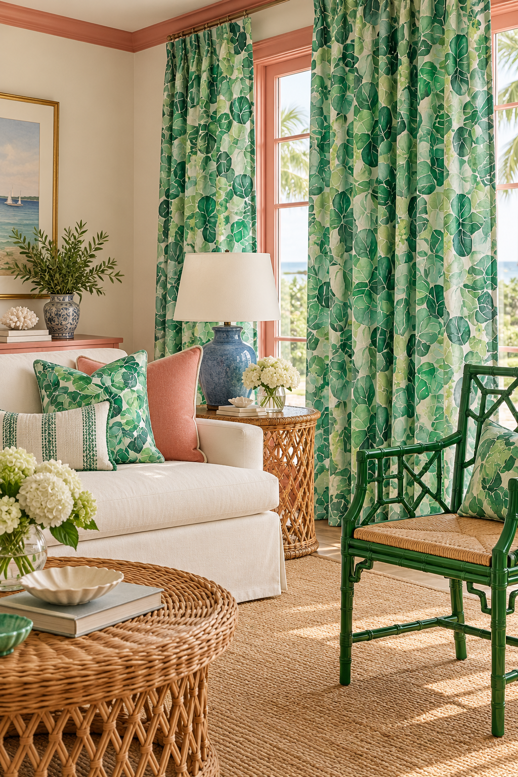 Coastal botanical upholstery fabric with oversized hand-painted sea grape leaves in layered watercolor greens on a light green base featured in this tropical coastal living room as the custom window drapes with coordinating pillows
