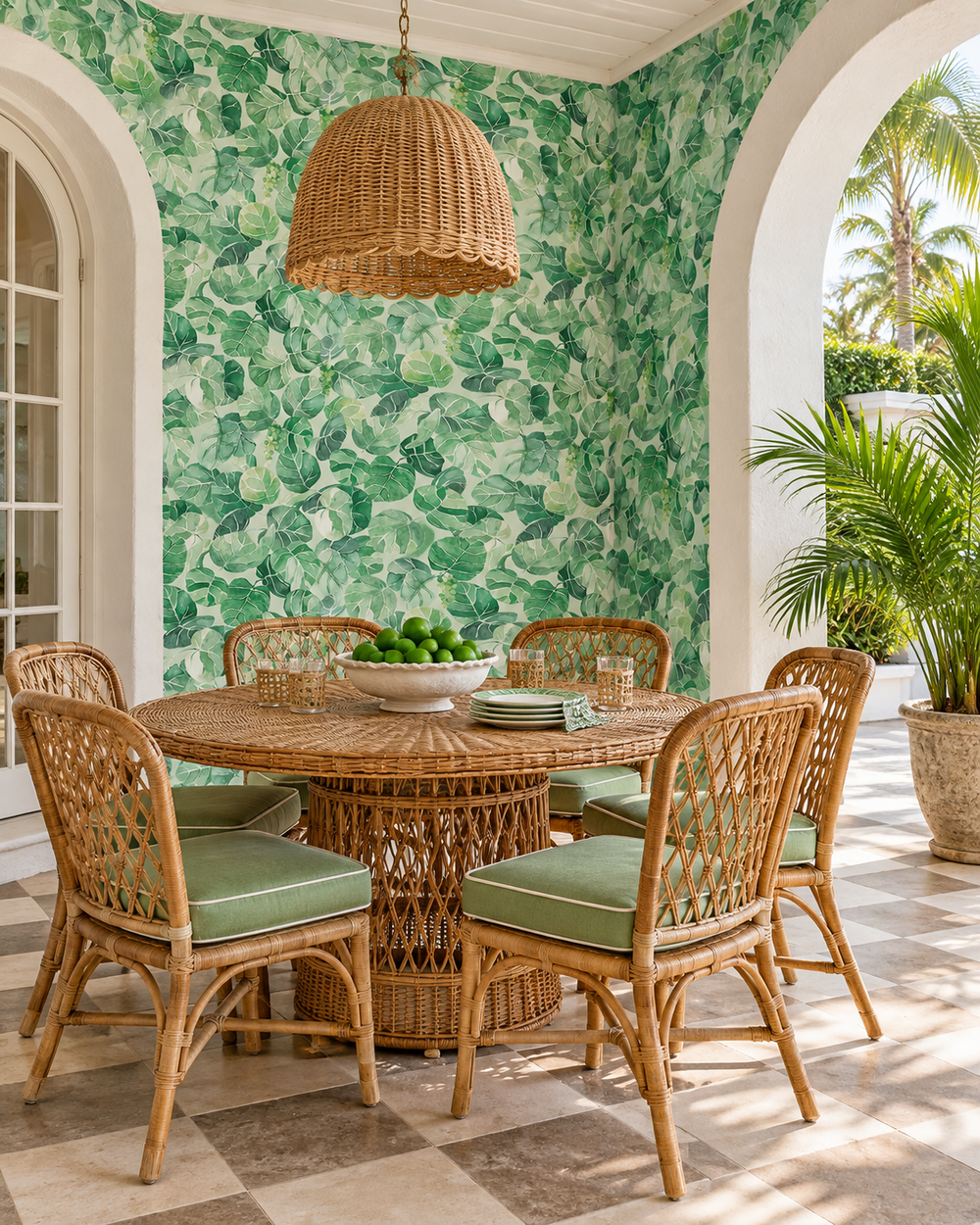 Watercolor seagrape leaf wallpaper featuring layered green botanicals and grape clusters, inspired by Miami coastal foliage for coastal and tropical homes