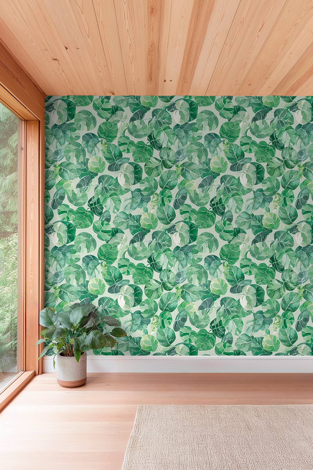 Watercolor seagrape leaf wallpaper featuring layered green botanicals and grape clusters, inspired by Miami coastal foliage for coastal and tropical homes