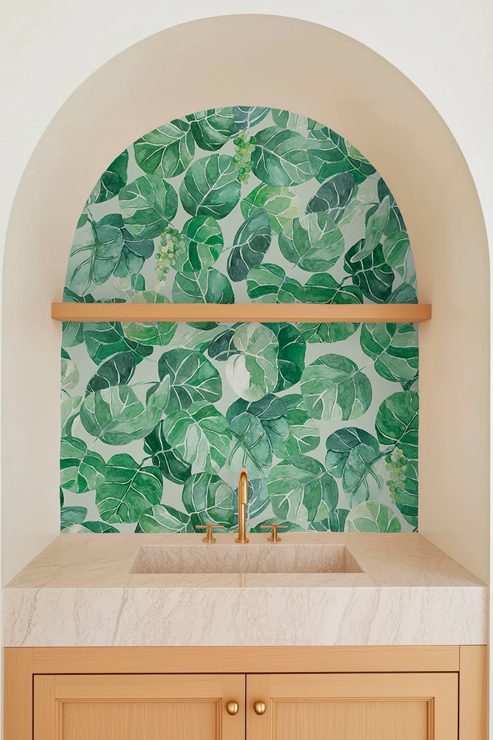 Durable performance vinyl wallpaper featuring watercolor seagrape leaves and green botanical clusters, ideal for coastal rentals, bathrooms, and high-use spaces.