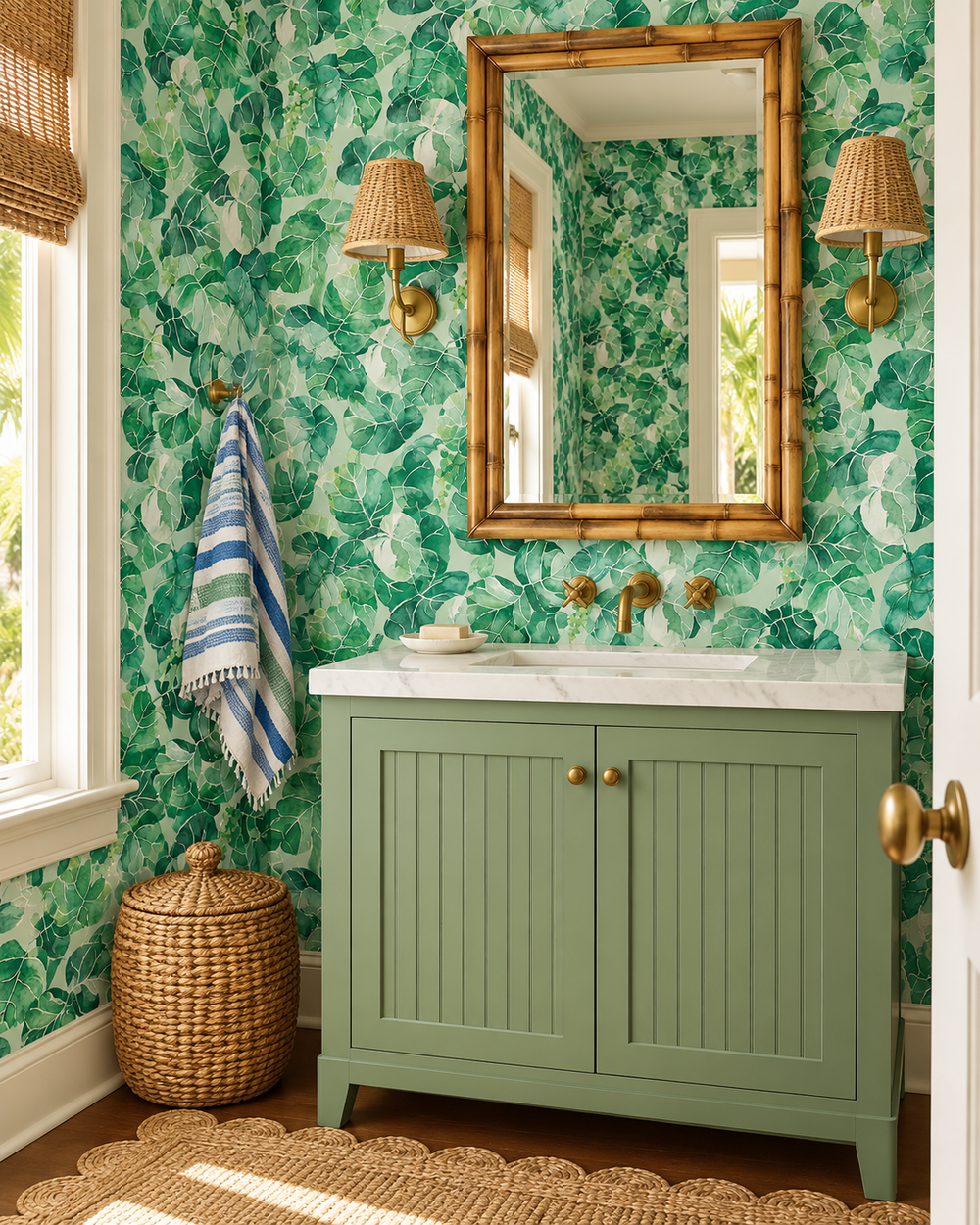 Durable performance vinyl wallpaper featuring watercolor seagrape leaves and green botanical clusters, ideal for coastal rentals, bathrooms, and high-use spaces.