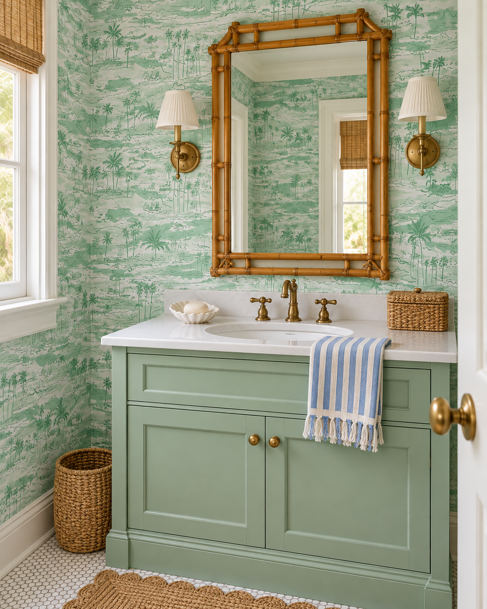 coastal beach inspired toile wall-covering featuring palm trees, ocean waves and lounge chairs in shades of green printed on commercial grade water and stain resistant performance vinyl wall-covering, great for bathrooms, kitchens and commercial spaces