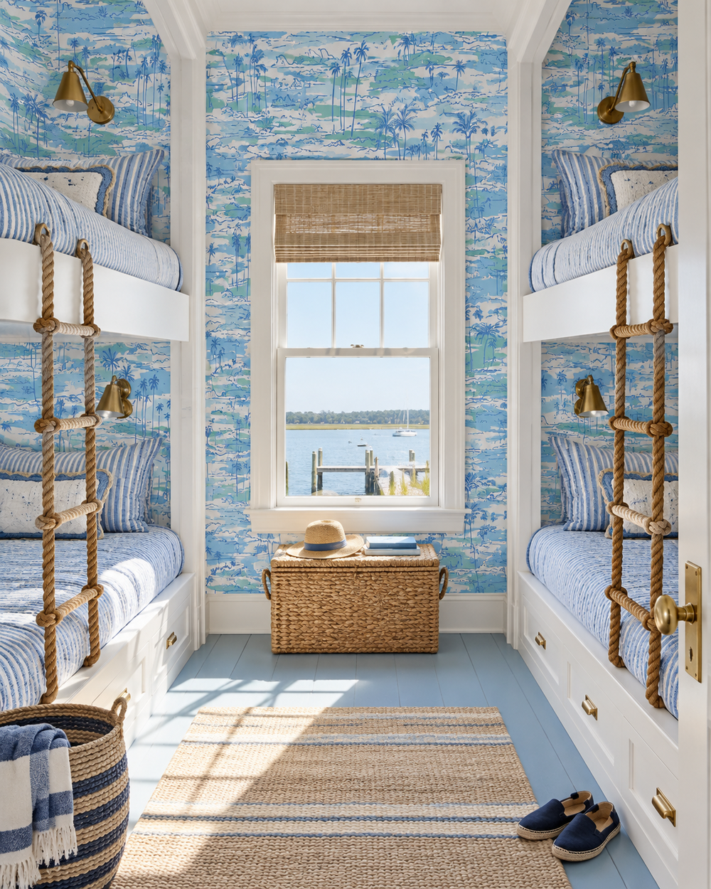 coastal beach inspired toile wall-covering featuring palm trees, ocean waves and lounge chairs in ocean and sky shades of blue printed on traditional matte wallcovering, great for kid's nurseries, bedroom and playrooms.