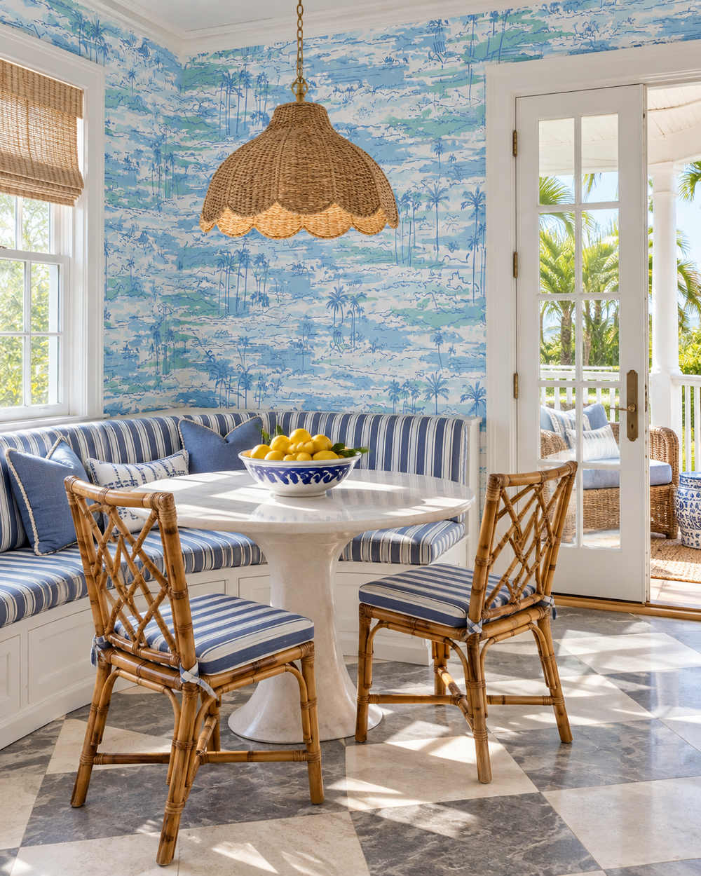 coastal beachside breakfast nook featuring seaside blue beach inspired watercolor toile wallpaper printed on a performance vinyl washable walllpaper