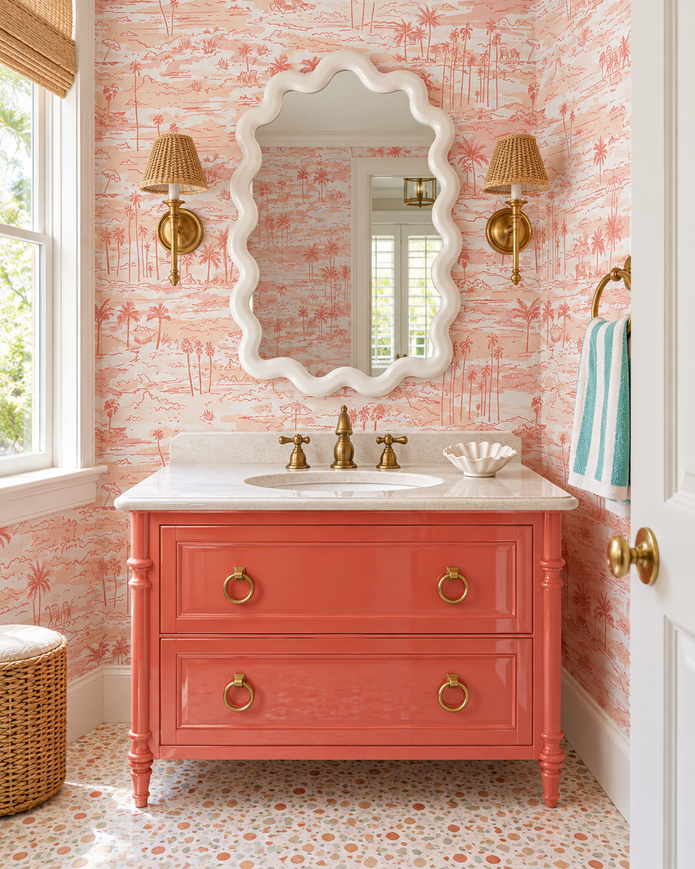colorful coastal bedroom 
pink and peach coastal toile wallpaper
beach toile wallpaper
seaside toile design
tropical toile wallpaper
palm tree toile wallpaper
coastal getaway wallpaper
beach house wallpaper
nautical toile wallpaper
traditional toile coastal design
ocean waves wallpaper
commercial grade water and stain resistant performance vinyl wall-covering, great for bathrooms, kitchens and commercial spaces