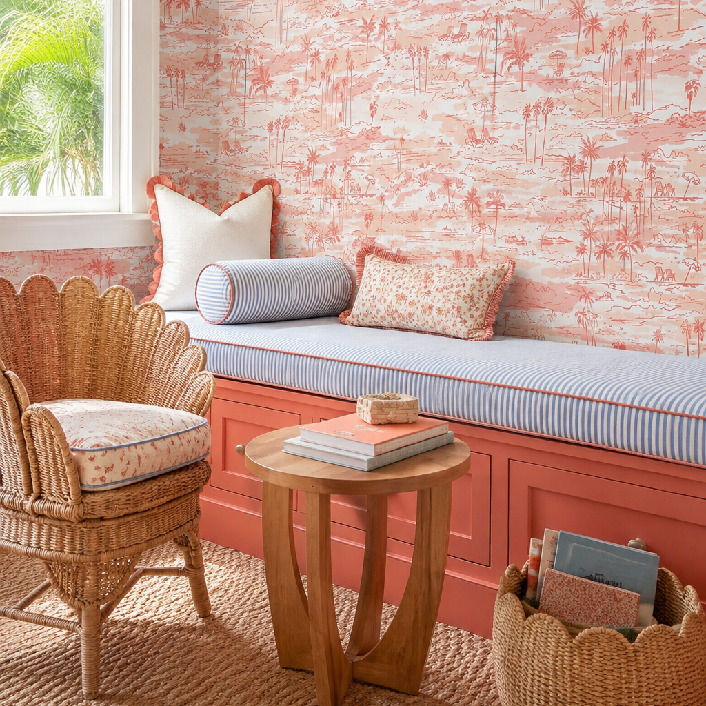 coastal girl's bedroom with shades of pink and coral seaside inspired toile in this beachside home.