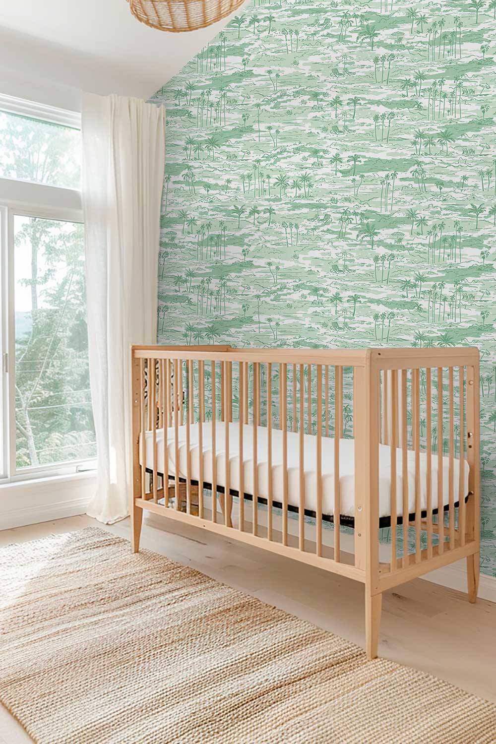 coastal beach inspired toile wall-covering featuring palm trees, ocean waves and lounge chairs in shades of green printed on commercial grade water and stain resistant performance vinyl wall-covering, great for high traffic kid's nurseries, bedrooms and playrooms