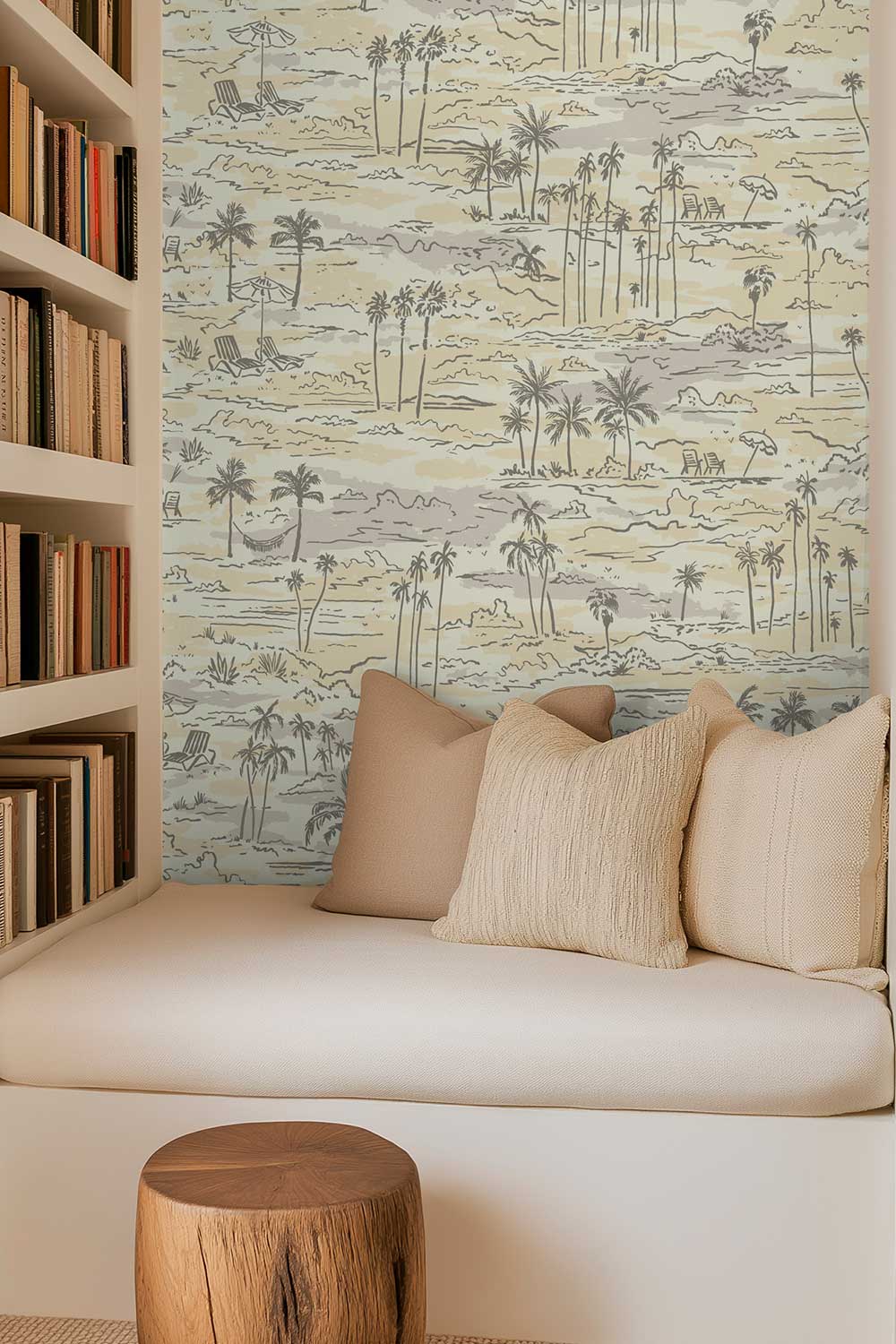 reading nook with performance vinyl wall covering for high traffic spaces in neutral tan beach inspired toile wallpaper