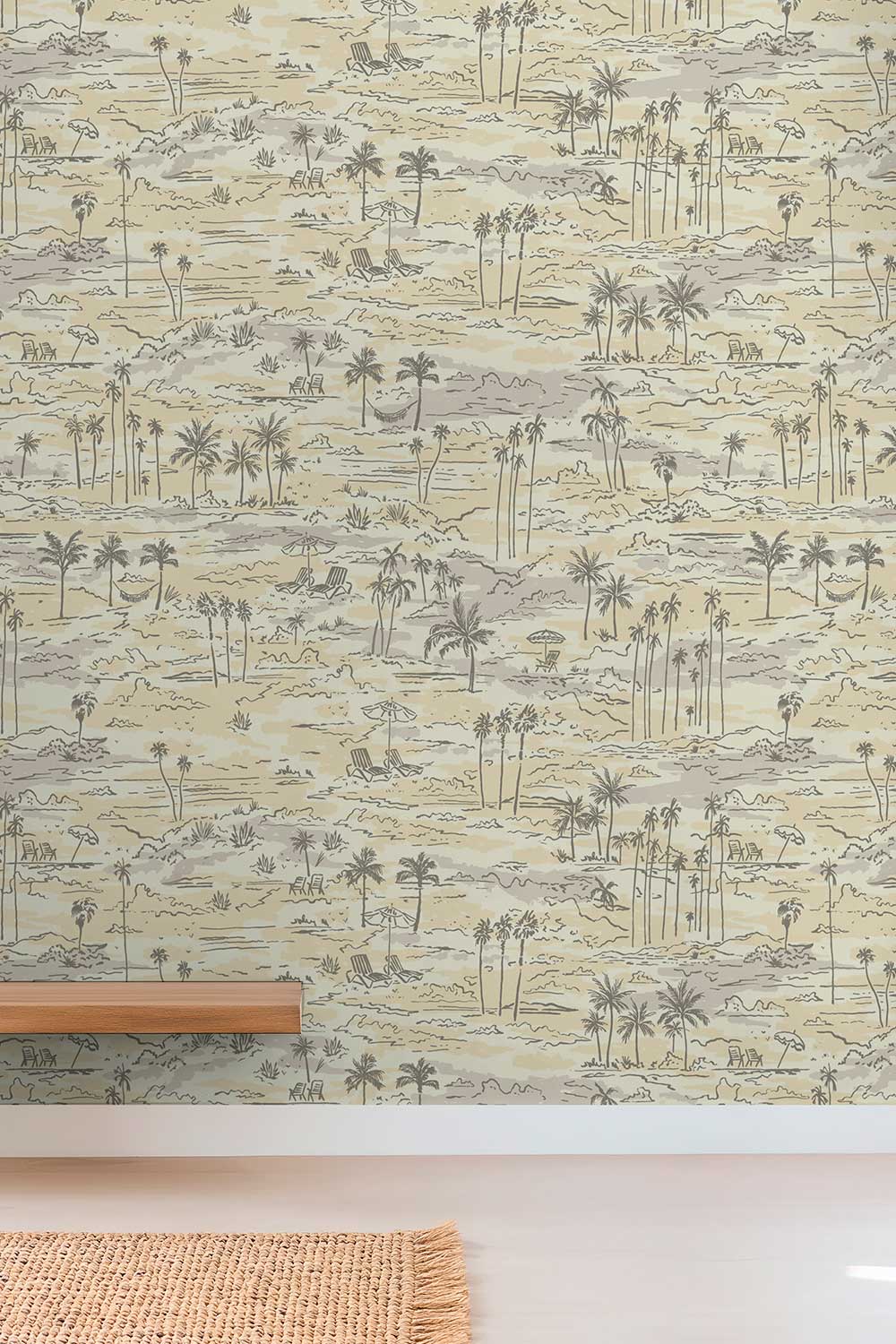 beach house entryway featuring fun beach scene toile in shades of neutral inspired by the beach