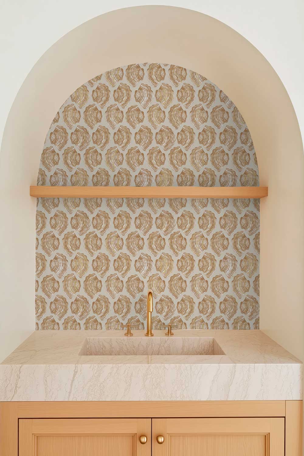 coastal beachy neutral seashell stripes in neutral watercolor printed on commercial grade water and stain resistant performance vinyl wall-covering, great for bathrooms, kitchens and commercial spaces.