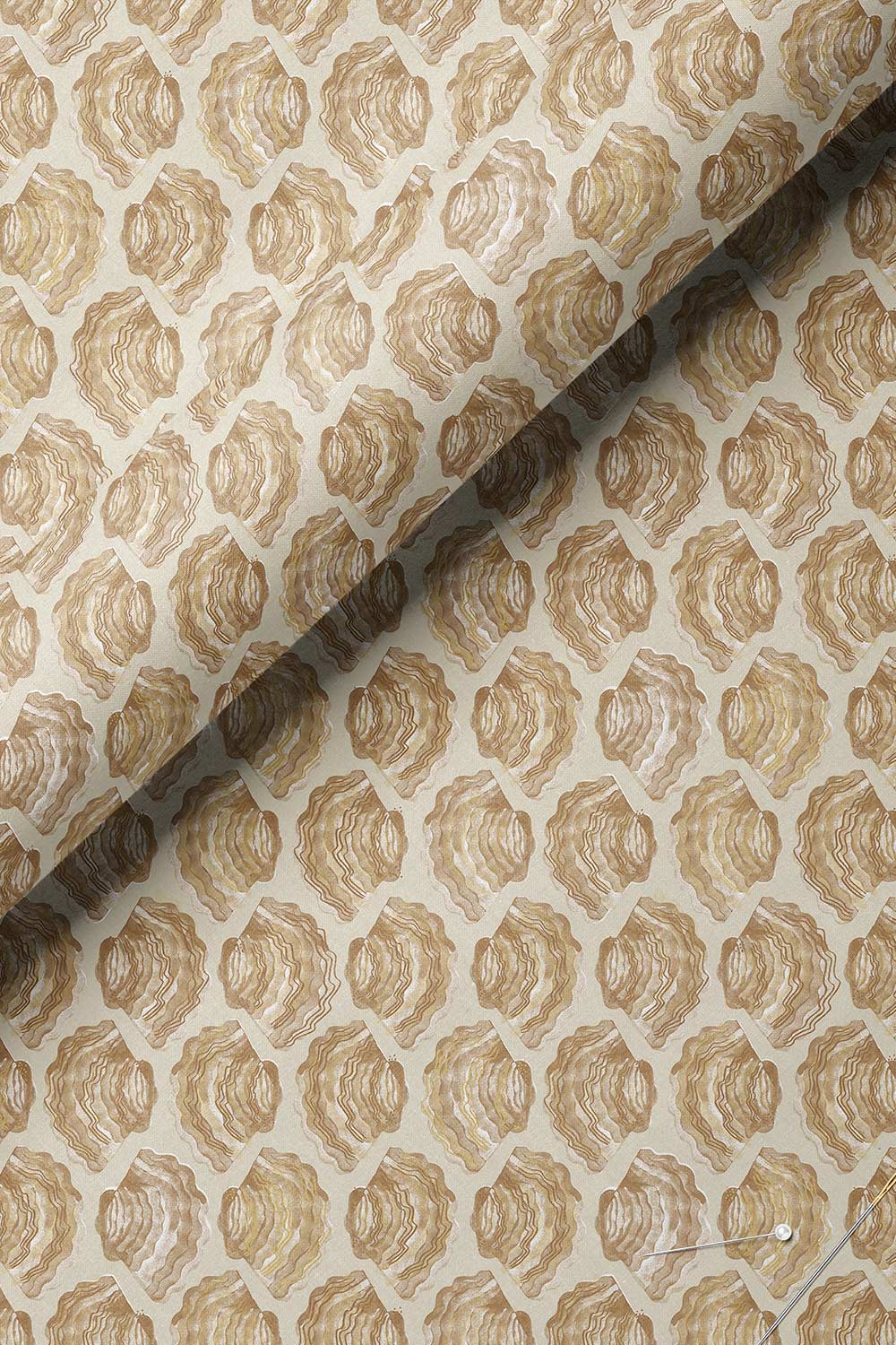 Coastal stripe upholstery fabric with hand-painted watercolor seashells arranged in a relaxed, beach-inspired pattern.