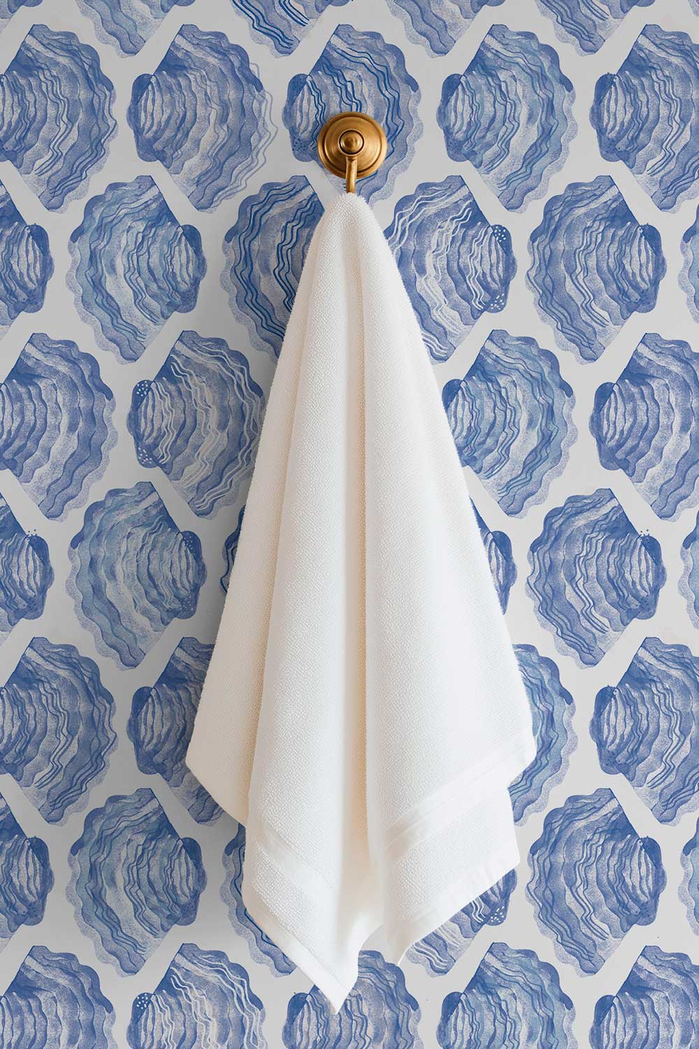 coastal beachy nautical blue watercolor seashell stripes printed on commercial grade water and stain resistant performance vinyl wall-covering, great for bathrooms, kitchens and commercial spaces.