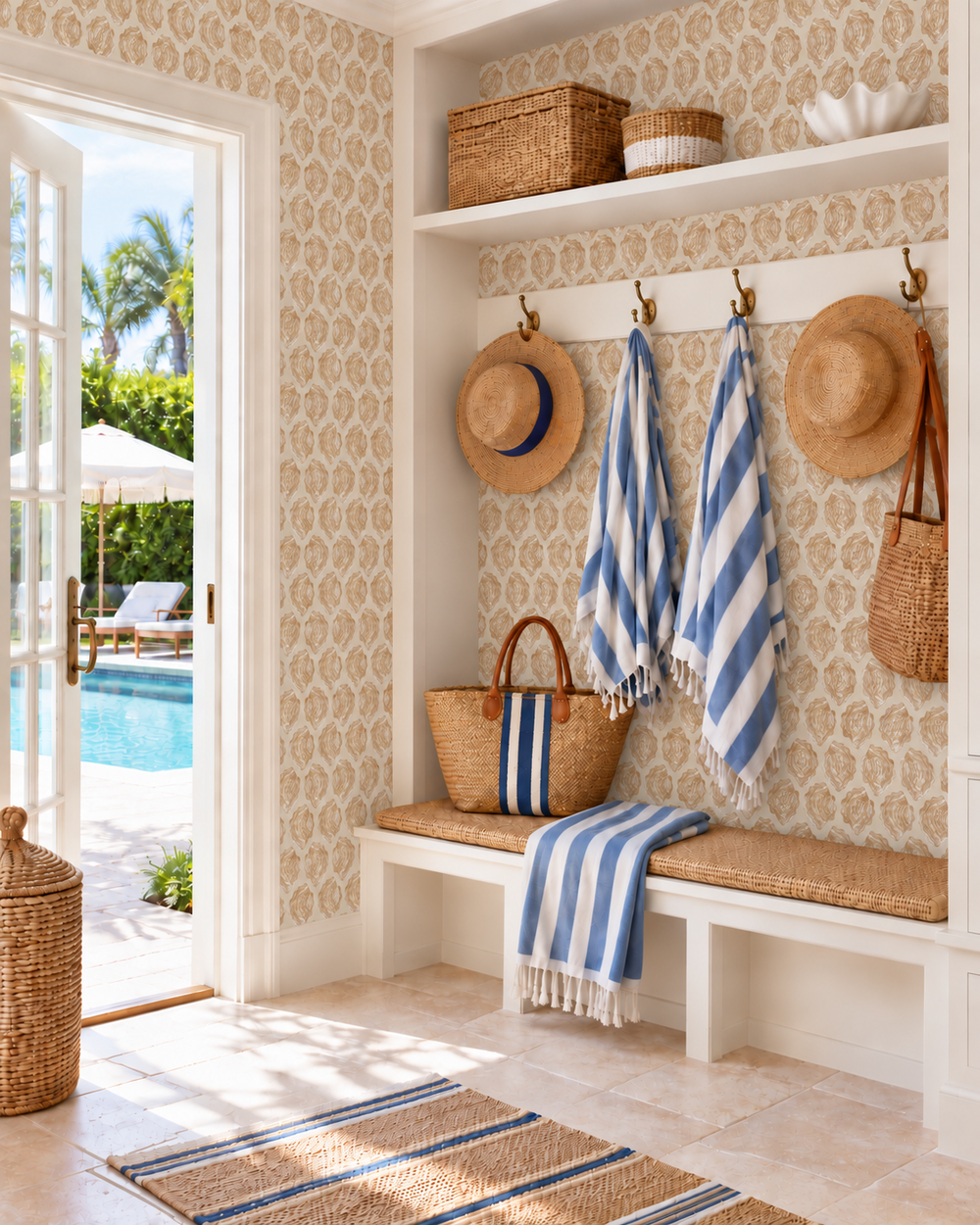 coastal beachy neutral seashell stripes in neutral watercolor printed on commercial grade water and stain resistant performance vinyl wall-covering, great for bathrooms, mudrooms and high traffic spaces.