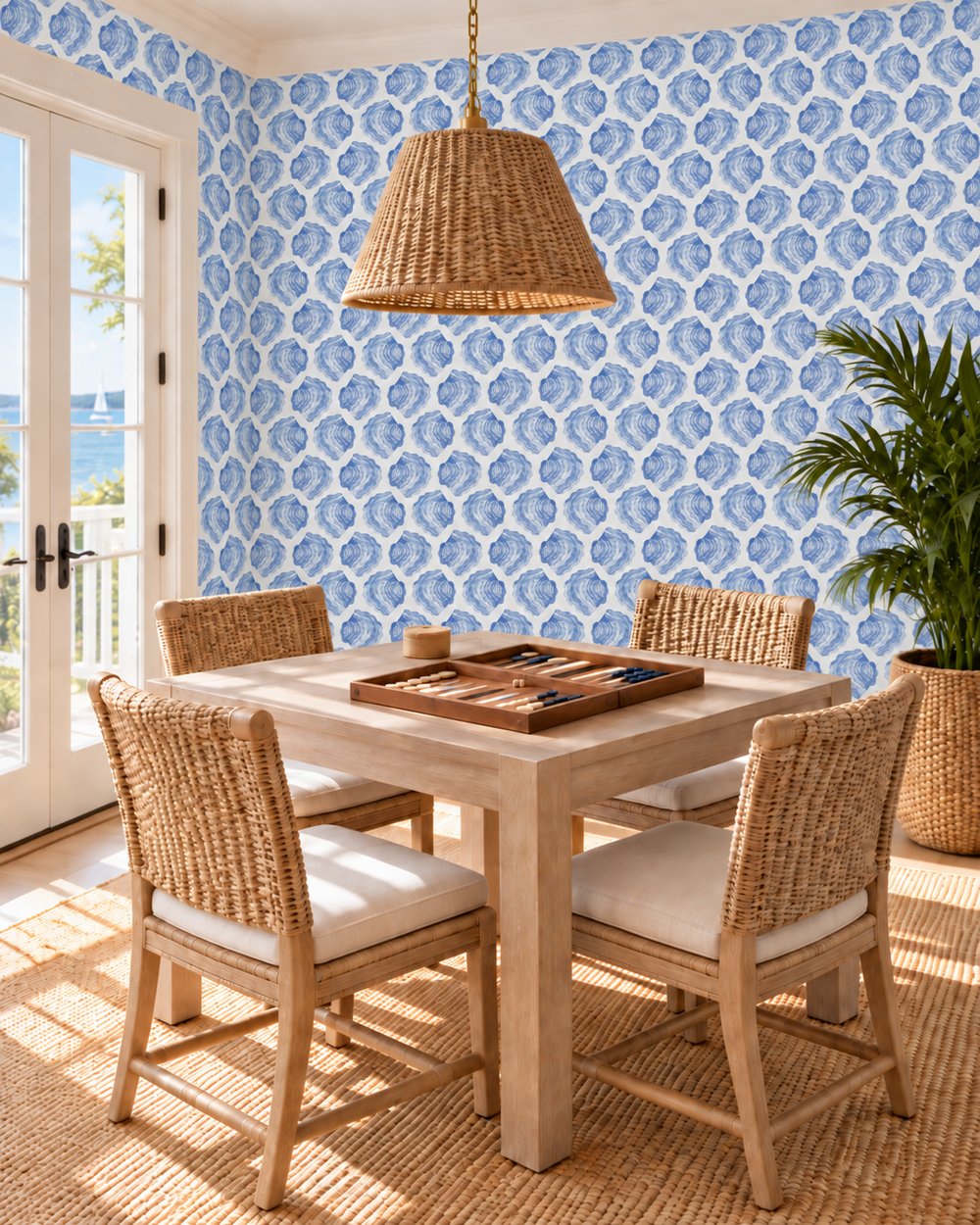 coastal inspired nautical game room and dining room with watercolor blue striped seashell wallpaper
