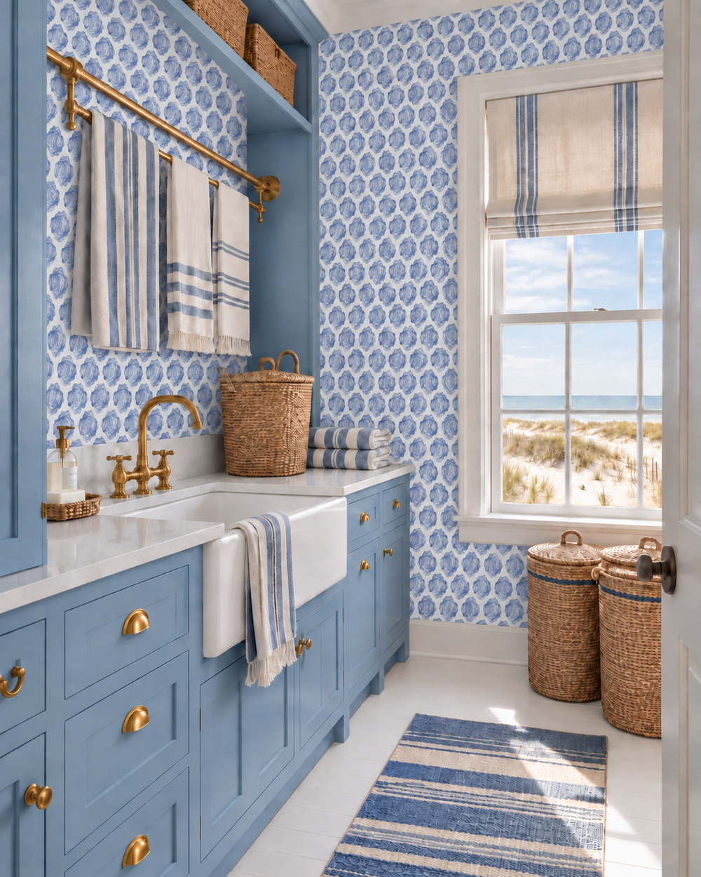 coastal beachy nautical blue watercolor seashell stripes printed on commercial grade water and stain resistant performance vinyl wall-covering, great for bathrooms, kitchens and commercial spaces.