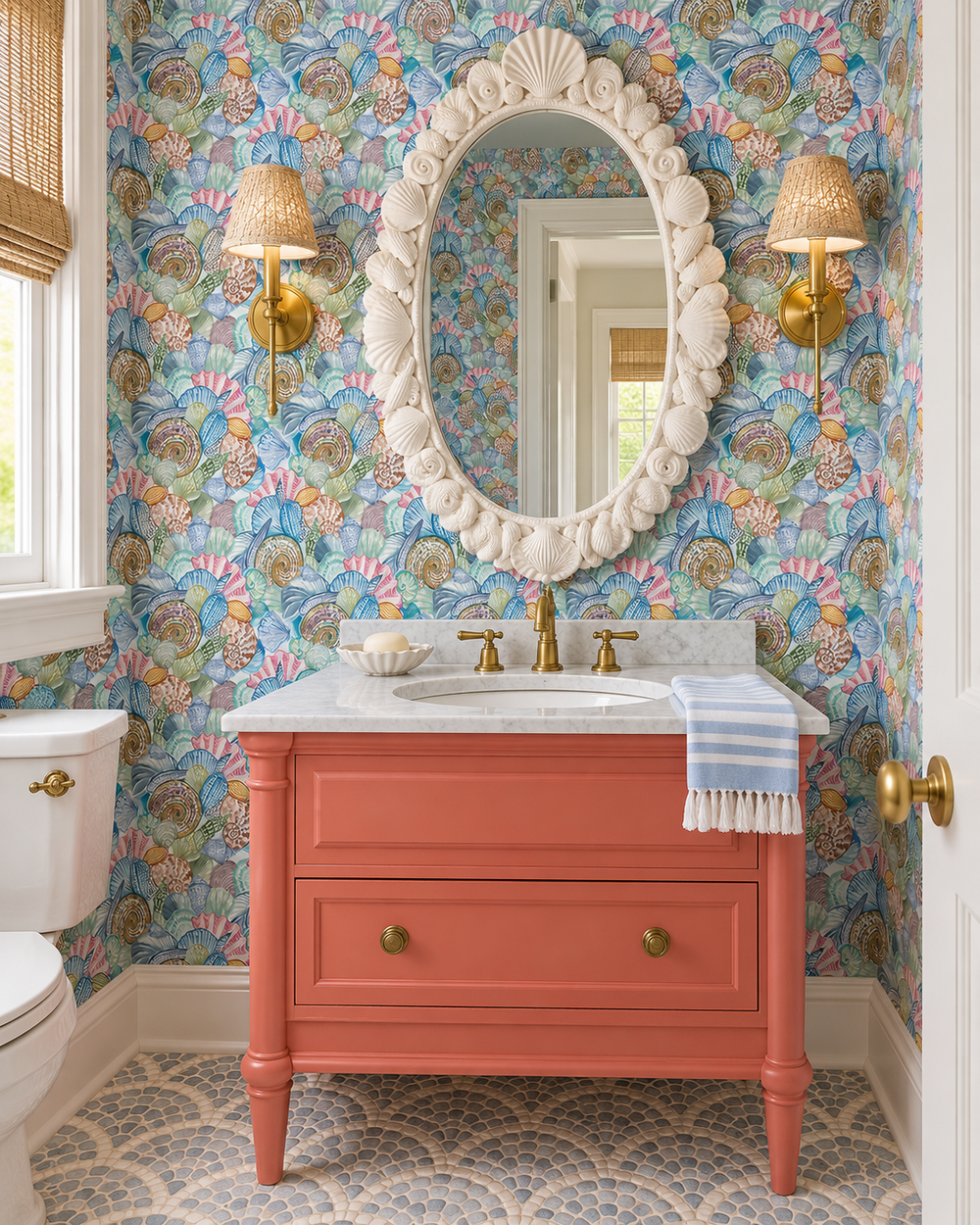 Textured performance vinyl wallpaper featuring a bright watercolor collage of assorted seashells in layered coastal colors; ideal for bathrooms and high-moisture spaces
