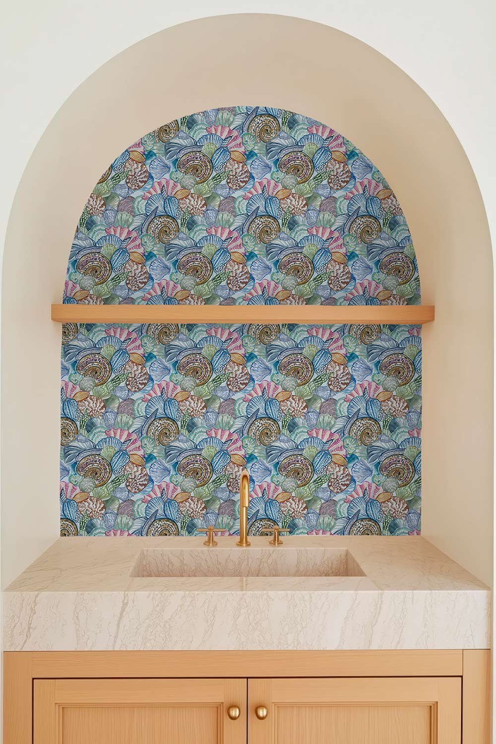 Textured performance vinyl wallpaper featuring a bright watercolor collage of assorted seashells in layered coastal colors; ideal for bathrooms and high-moisture spaces perfect for fun beach house wet bars and kitchens